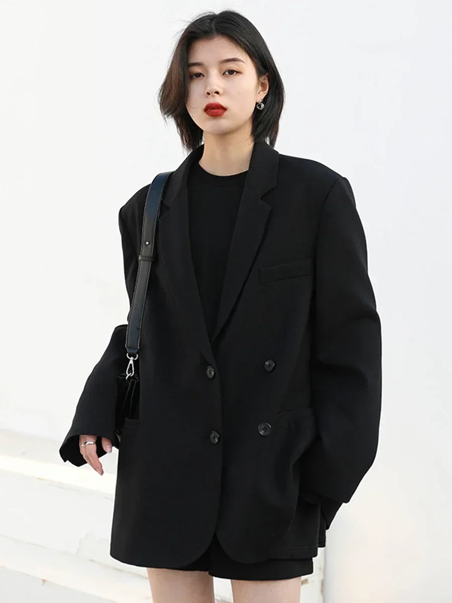 Chic Blazer – Sophisticated Solid Long Sleeve Office Coat — model wearing