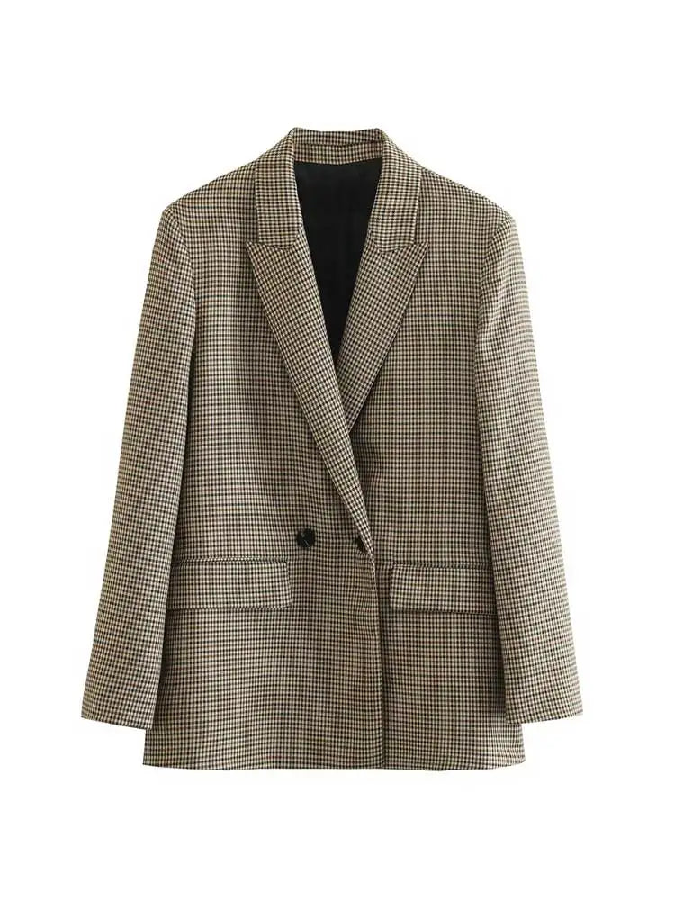 Chic Plaid Blazer – Vintage Double Breasted Versatile Layering Piece — detail view