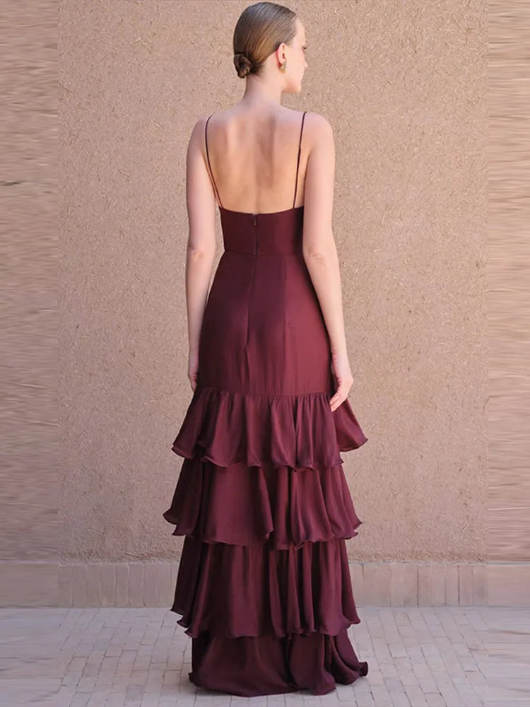 Chic Ruffle Sling Dress – Elegant Backless Summer Party Outfit — close-up