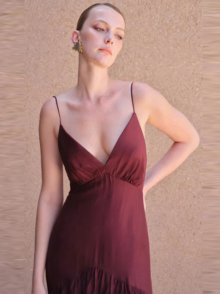 Chic Ruffle Sling Dress – Elegant Backless Summer Party Outfit — model wearing