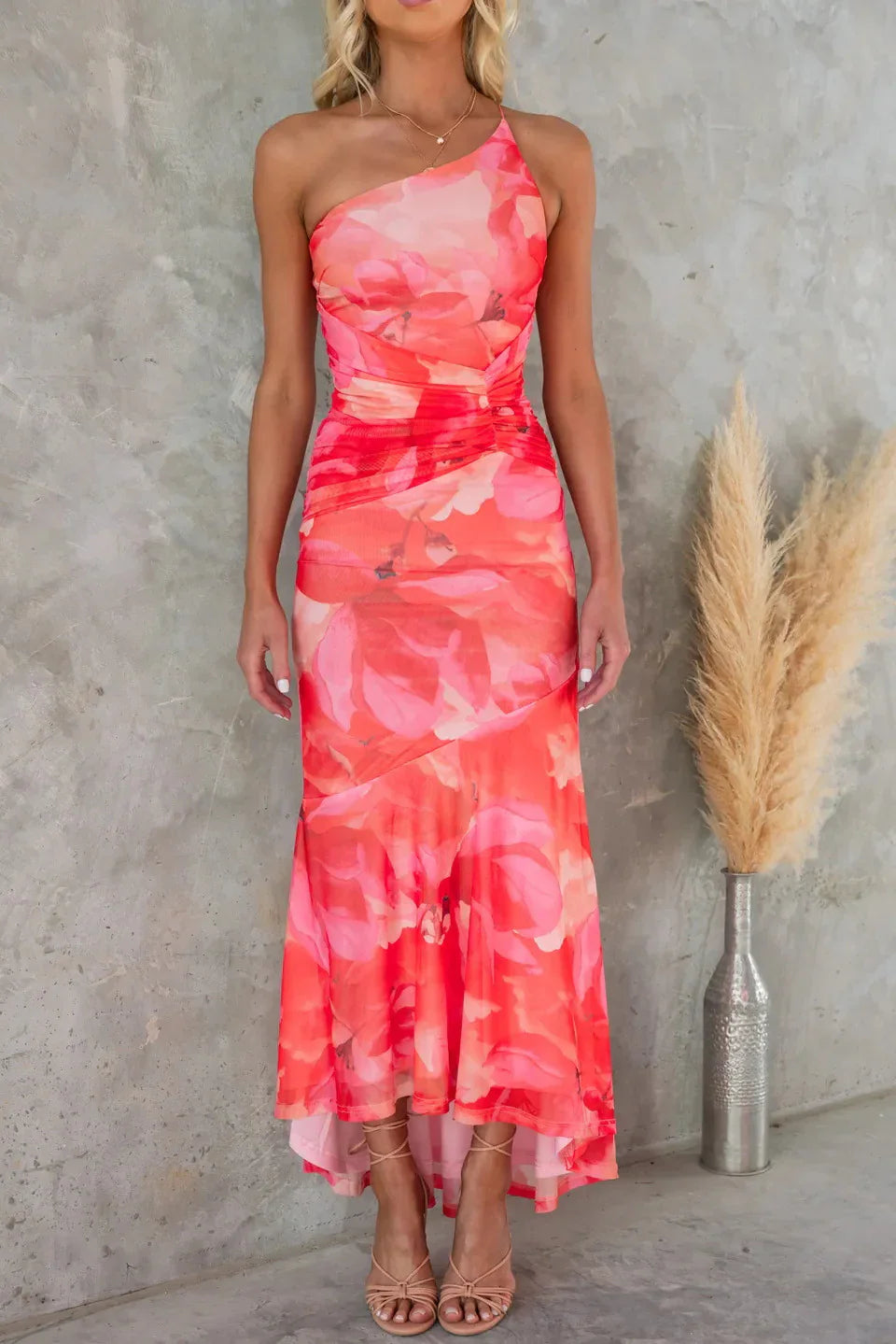 Cinched Waist Short Sleeve Floral Midi Dress for Summer — model wearing