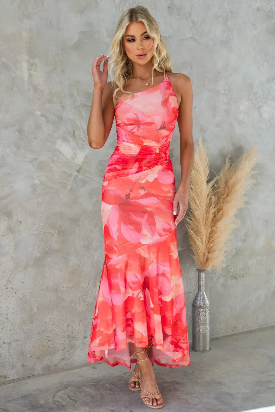 Cinched Waist Short Sleeve Floral Midi Dress for Summer