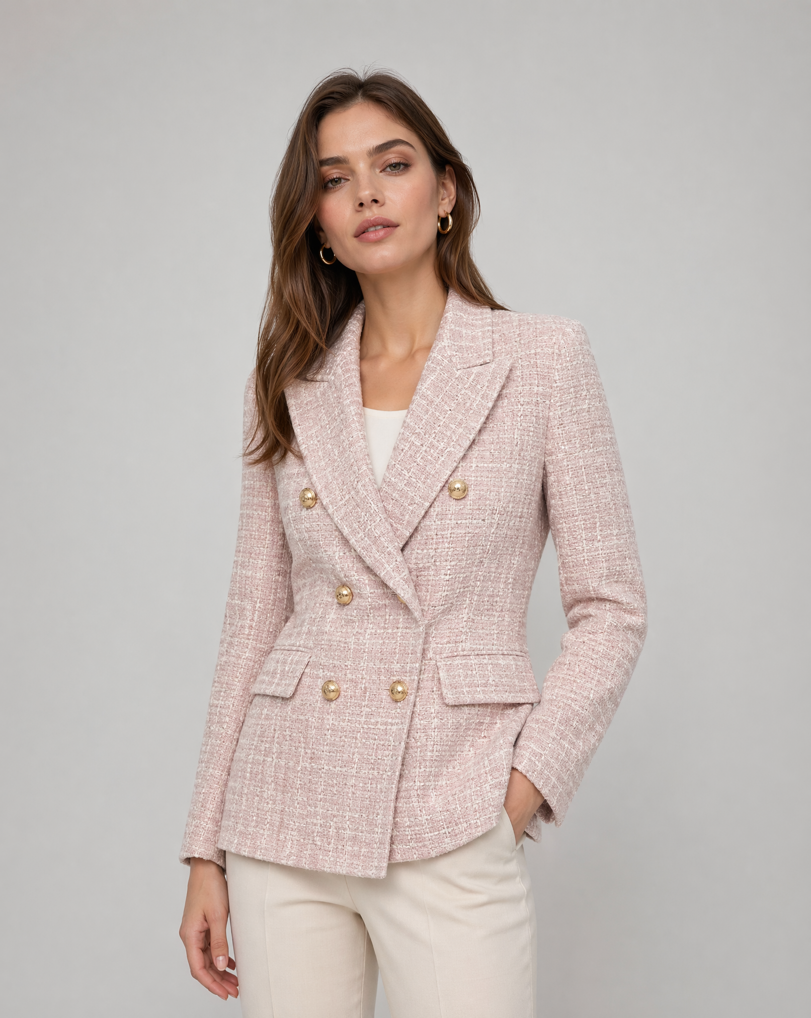 Classic Double-Breasted Pink Tweed Blazer with Gold Button Detail — back view