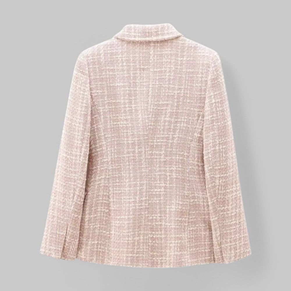 Classic Double-Breasted Pink Tweed Blazer with Gold Button Detail — close-up