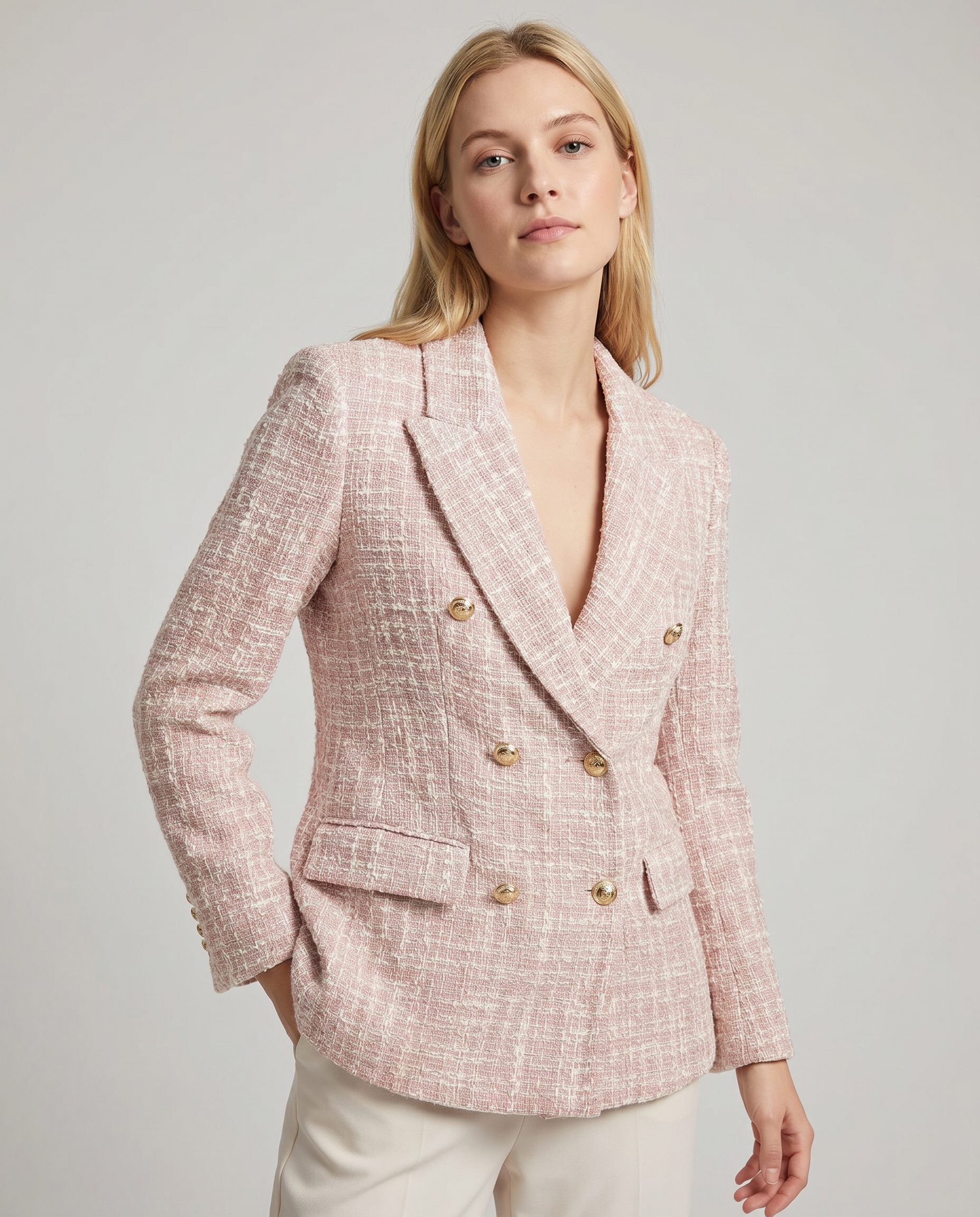 Classic Double-Breasted Pink Tweed Blazer with Gold Button Detail — detail view