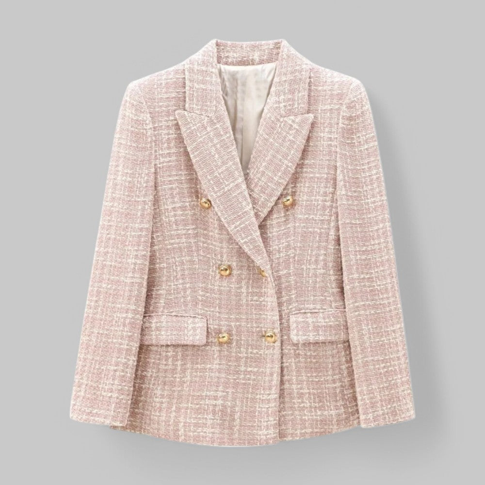 Classic Double-Breasted Pink Tweed Blazer with Gold Button Detail — model wearing
