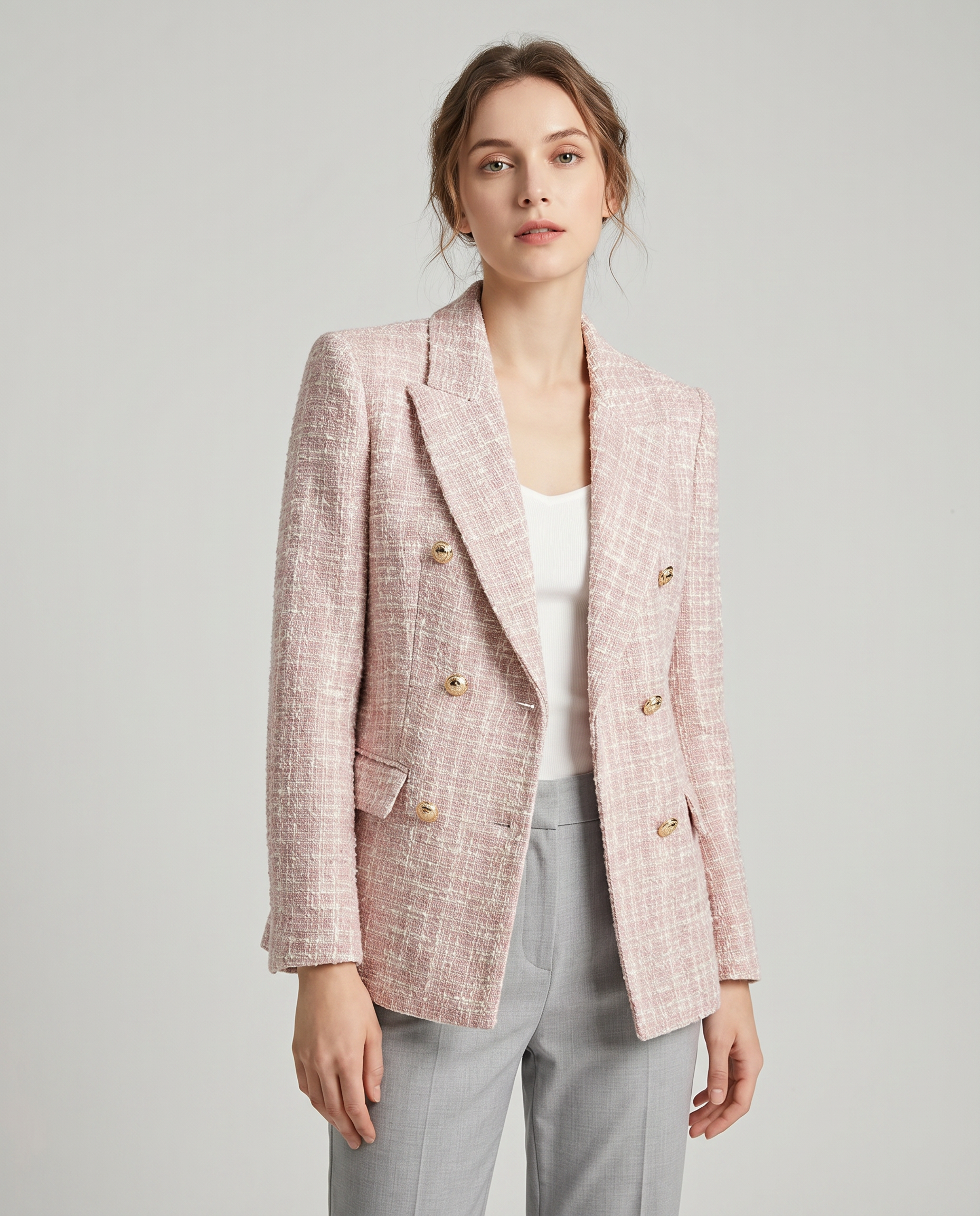 Classic Double-Breasted Pink Tweed Blazer with Gold Button Detail — side view