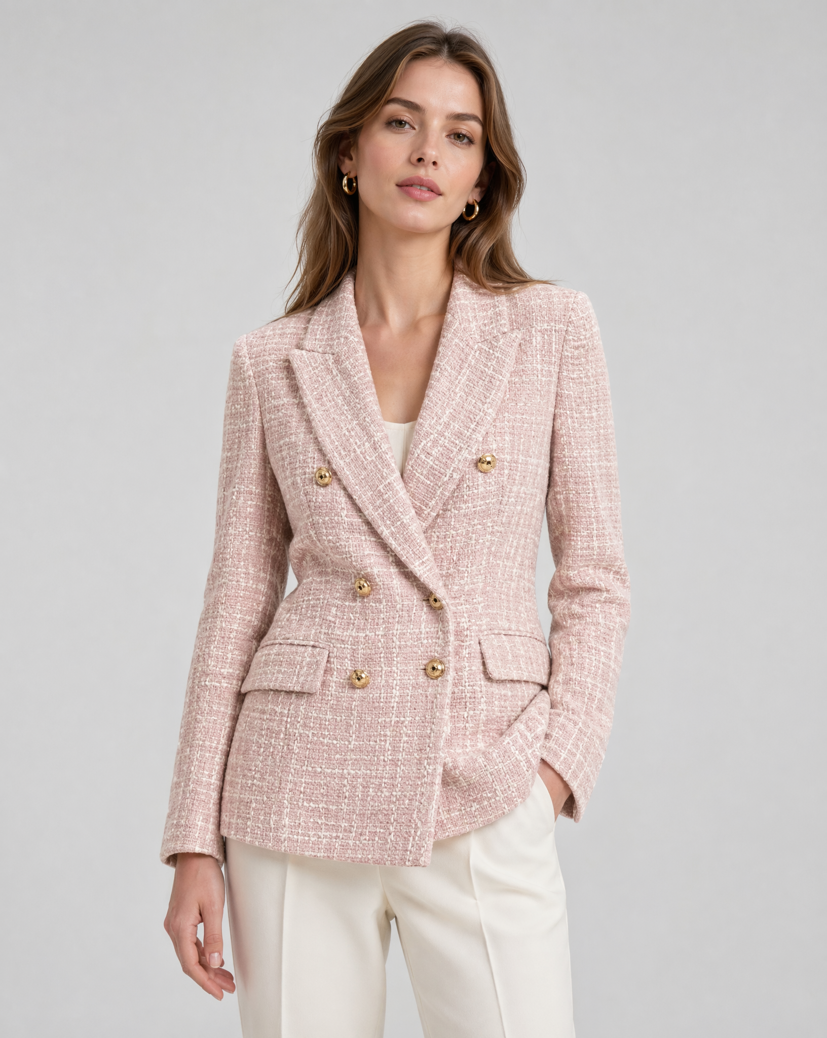 Classic Double-Breasted Pink Tweed Blazer with Gold Button Detail
