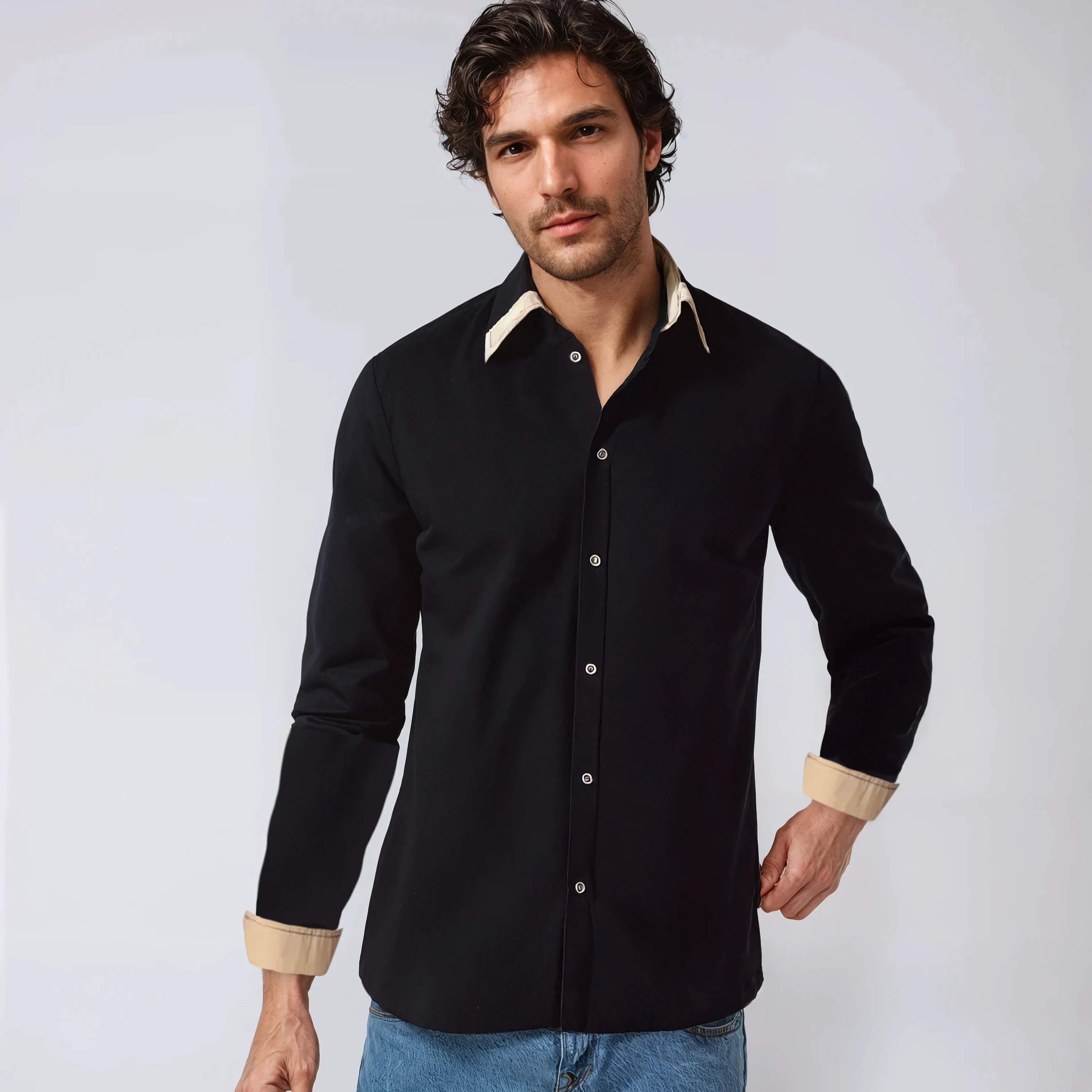 Contrast Collar and Cuff Long Sleeve Shirt