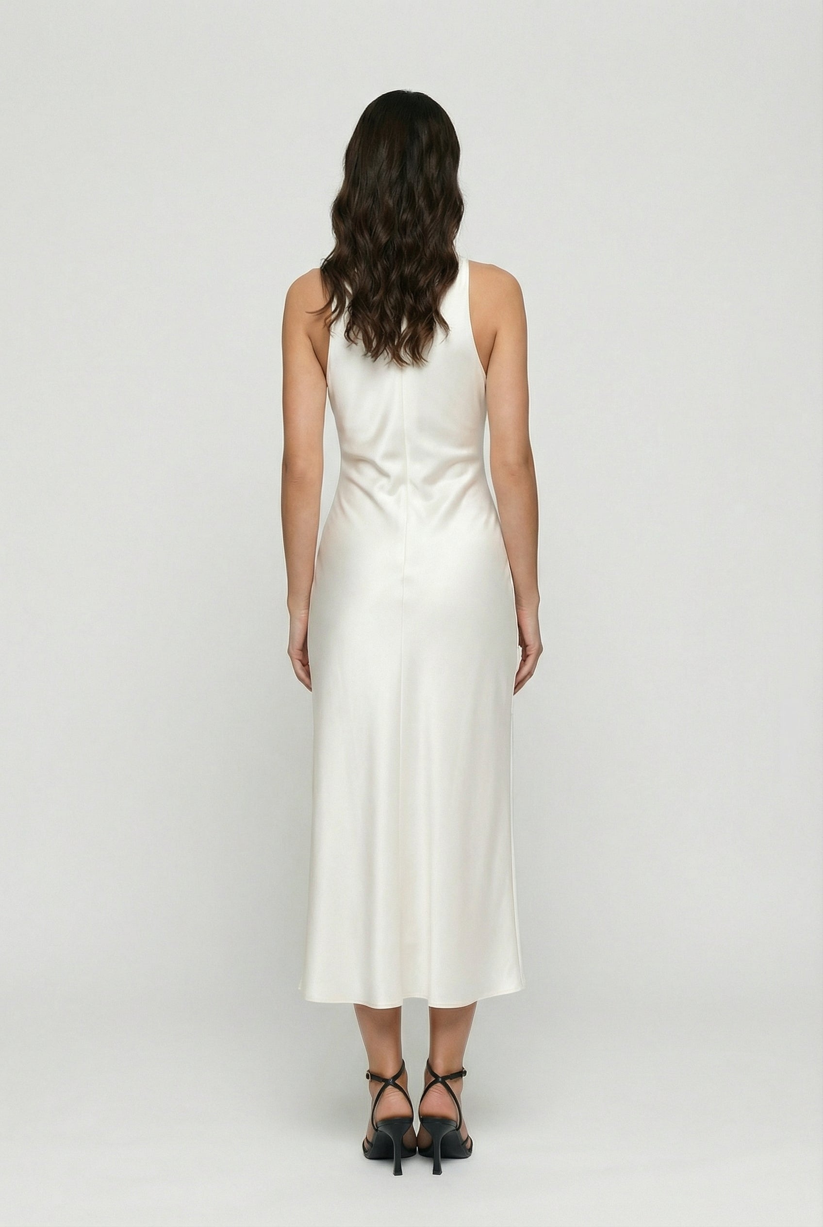 Cowl Neck Ruched Satin Midi Dress for Women — side view