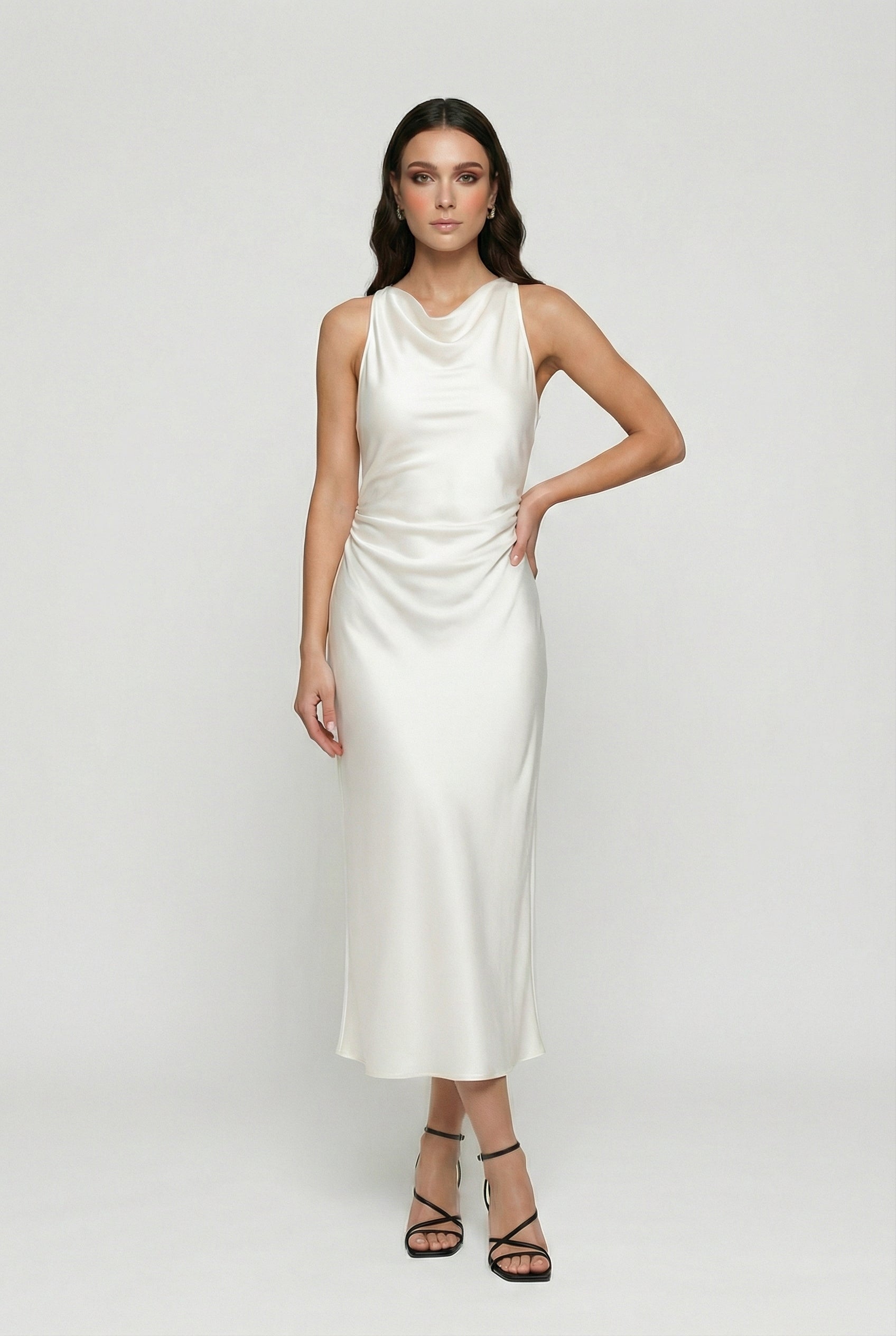 Cowl Neck Ruched Satin Midi Dress for Women