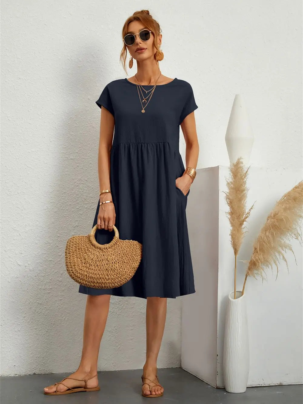 Crew Neck Pocket Midi T-Shirt Dress for Casual Daywear — close-up