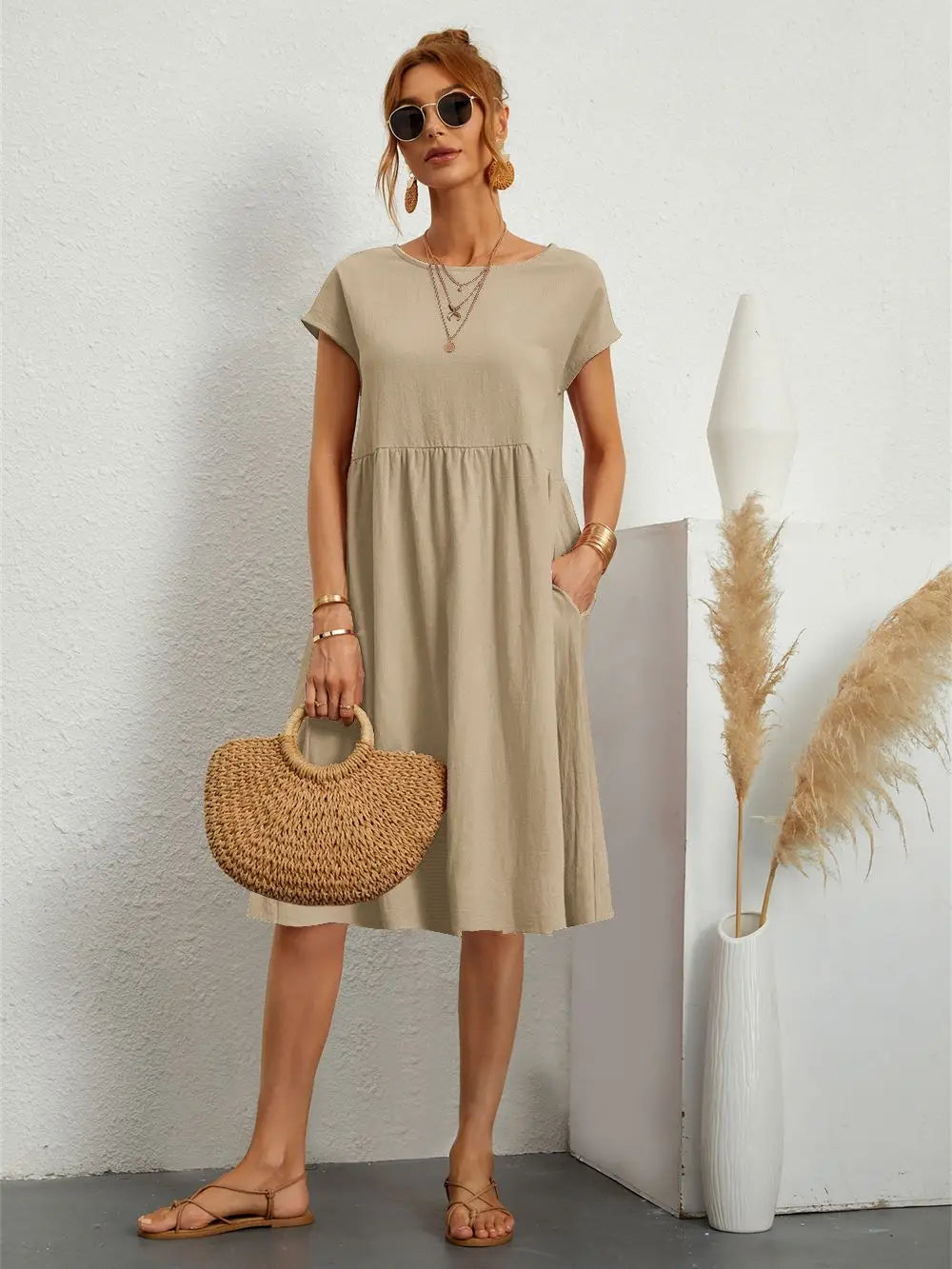 Crew Neck Pocket Midi T-Shirt Dress for Casual Daywear — fabric detail