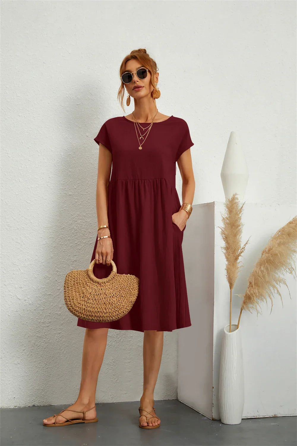 Crew Neck Pocket Midi T-Shirt Dress for Casual Daywear — fit overview