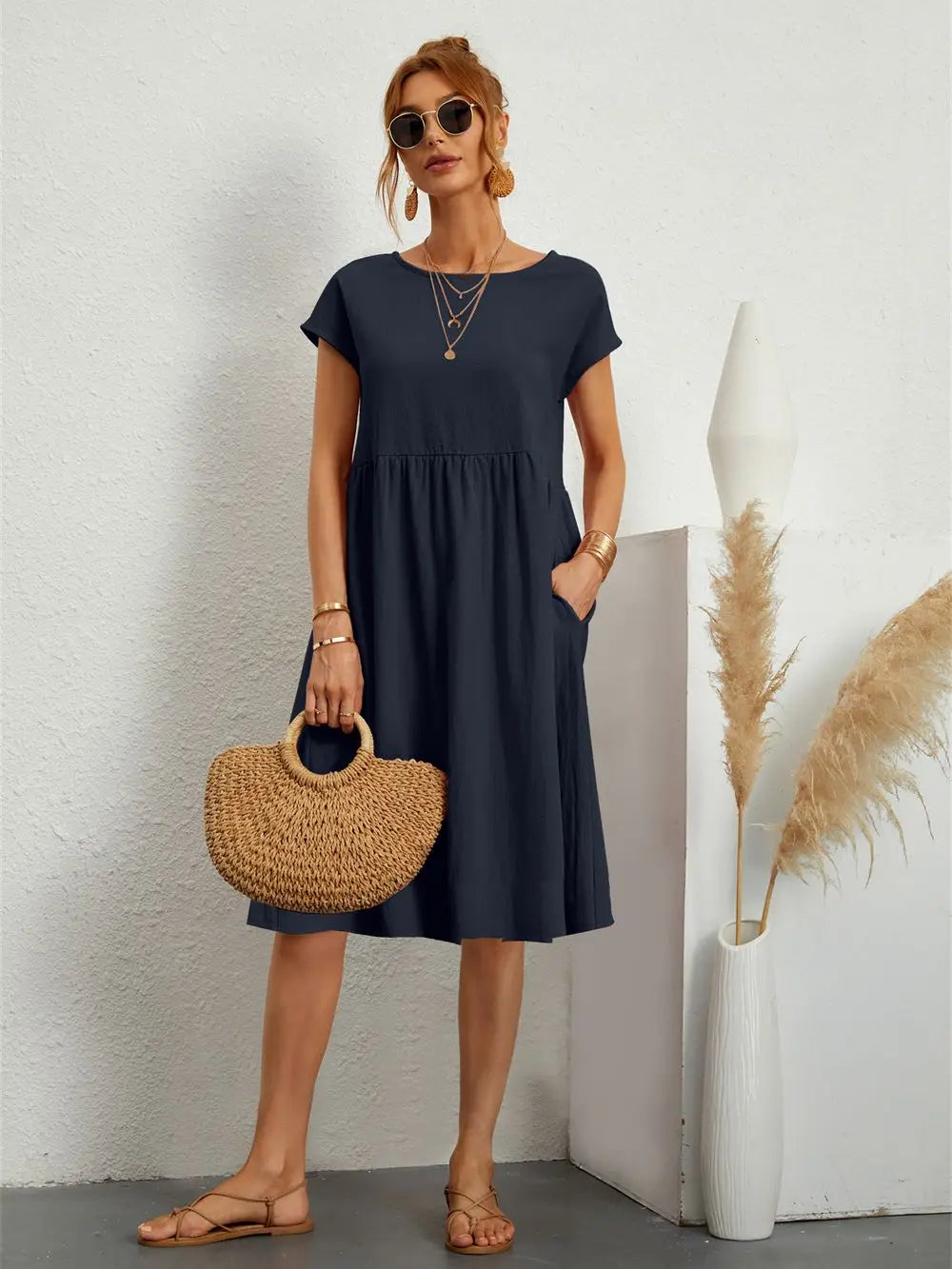 Crew Neck Pocket Midi T-Shirt Dress for Casual Daywear — front close-up
