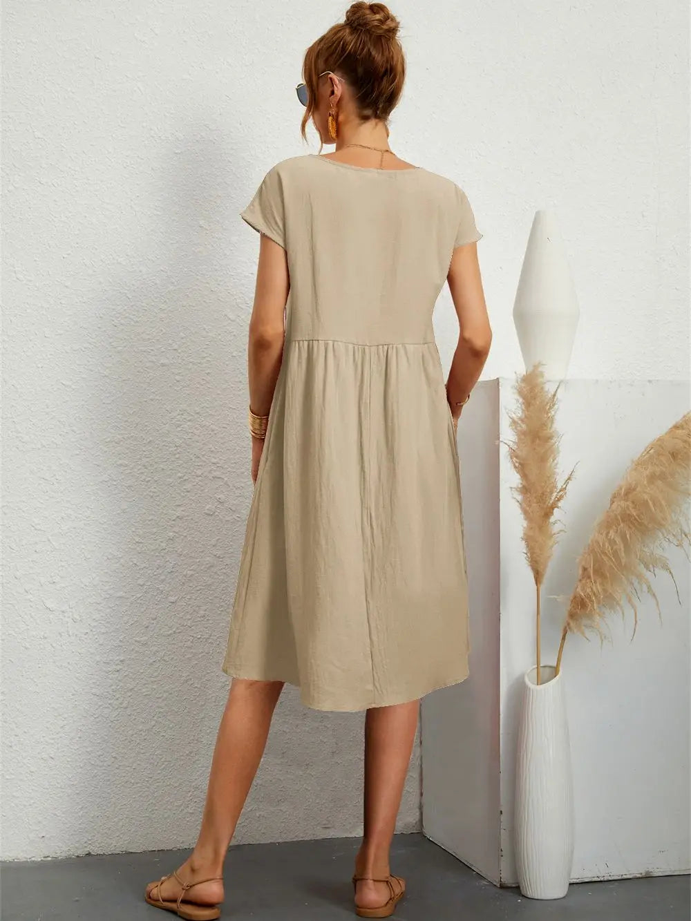 Crew Neck Pocket Midi T-Shirt Dress for Casual Daywear — model wearing
