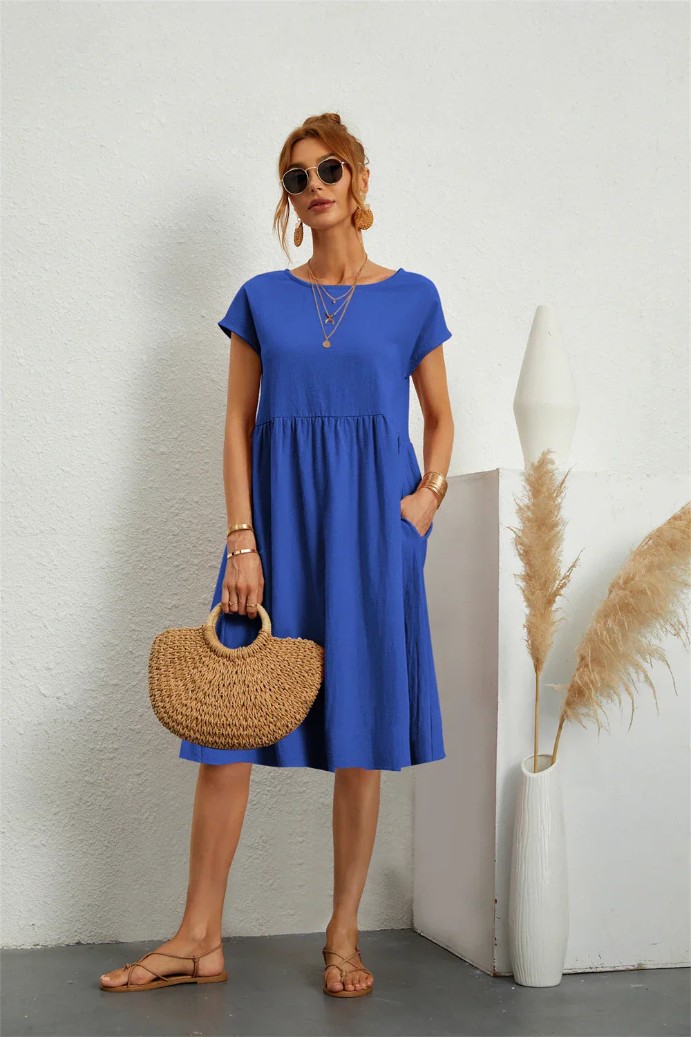 Crew Neck Pocket Midi T-Shirt Dress for Casual Daywear — styling detail