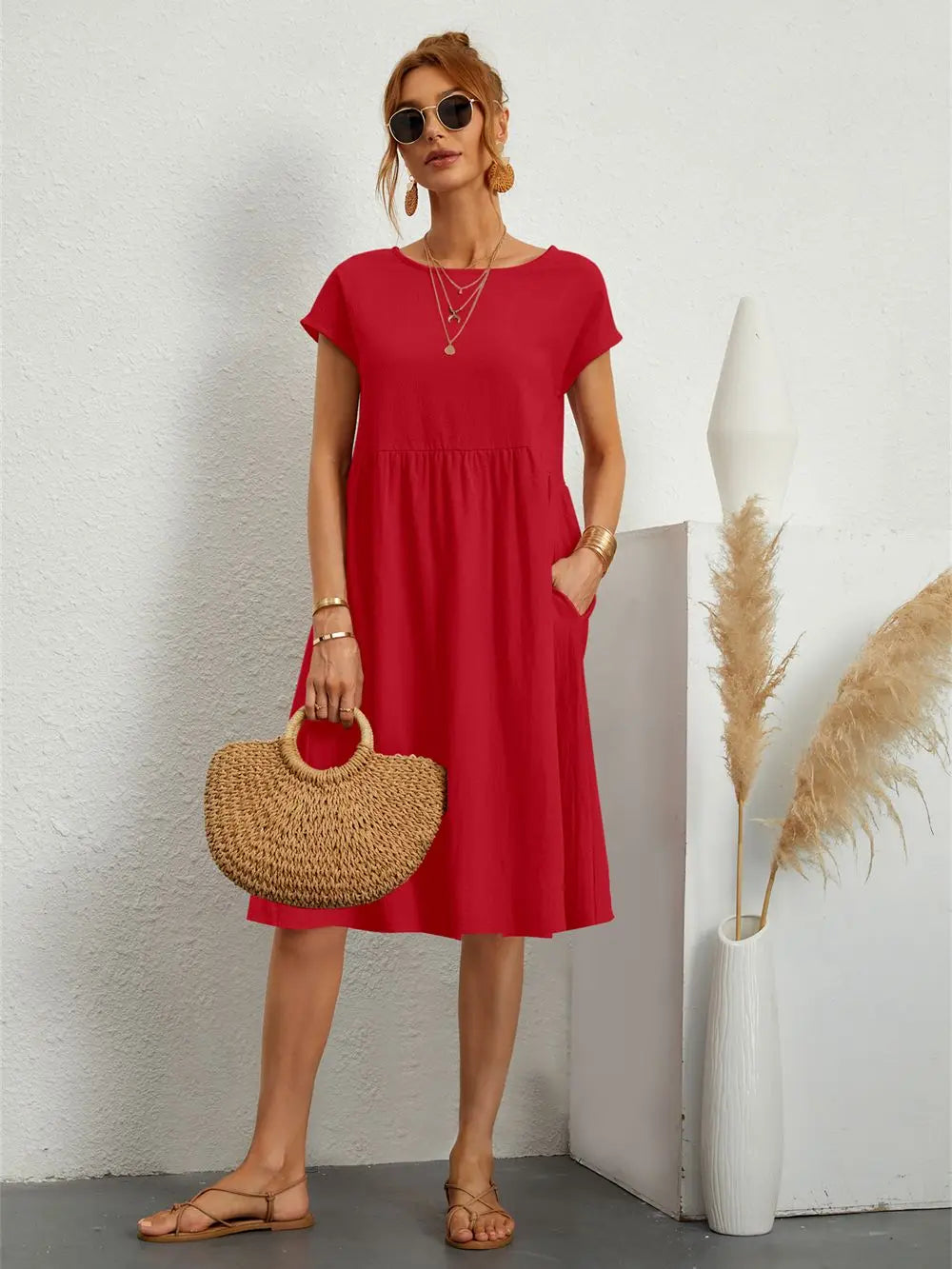 Crew Neck Pocket Midi T-Shirt Dress for Casual Daywear