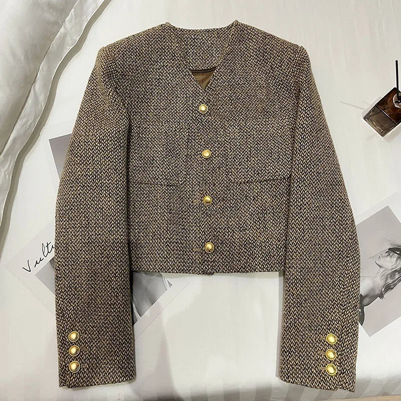 Cropped Tweed Blazer with Gold-Tone Buttons – Tailored Boxy Fit — back view