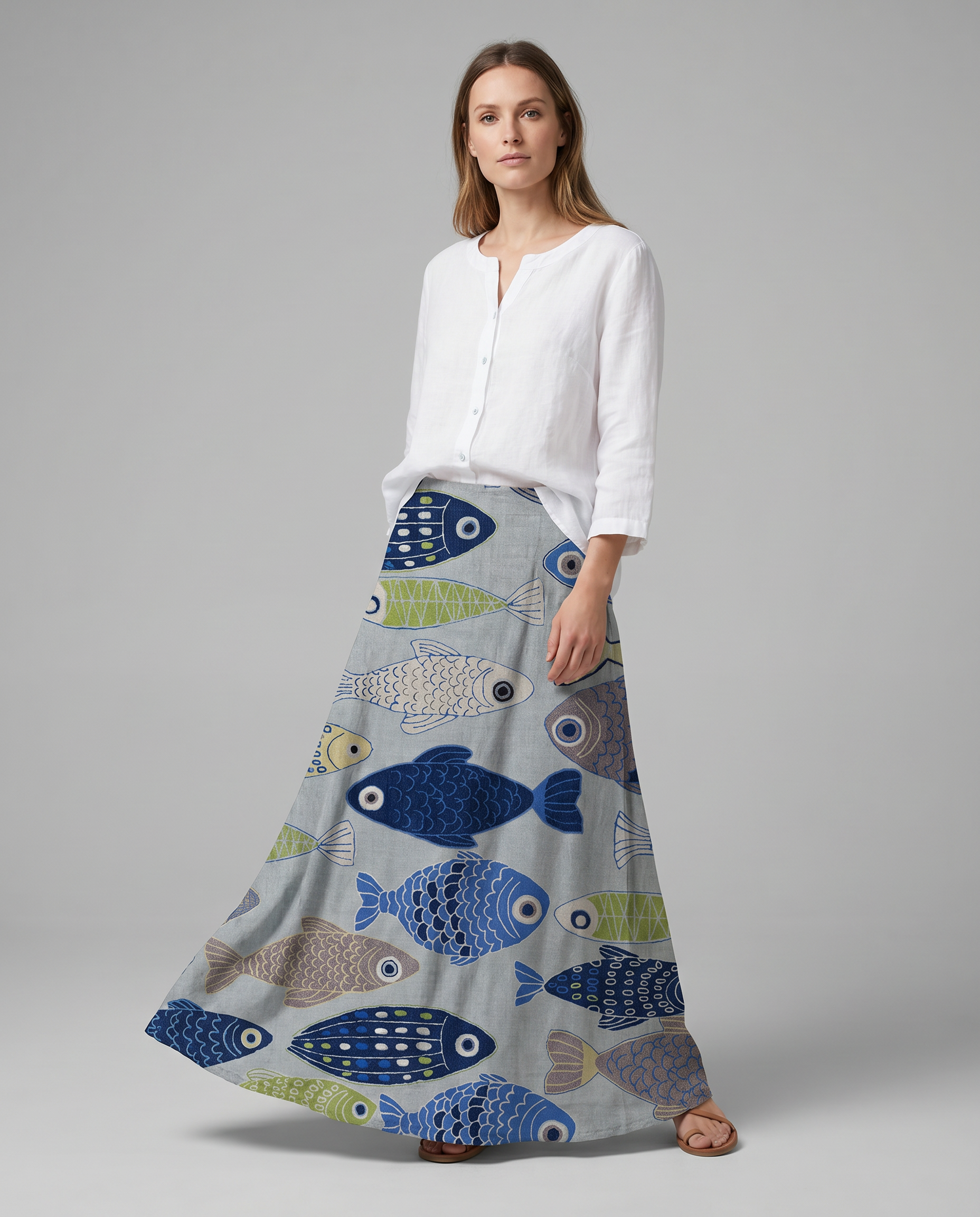 Cute Fish Pattern Pleated Pocket Skirt — model wearing