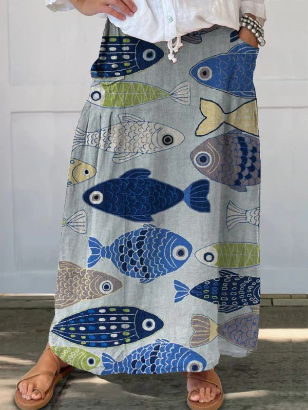 Cute Fish Pattern Pleated Pocket Skirt — side view