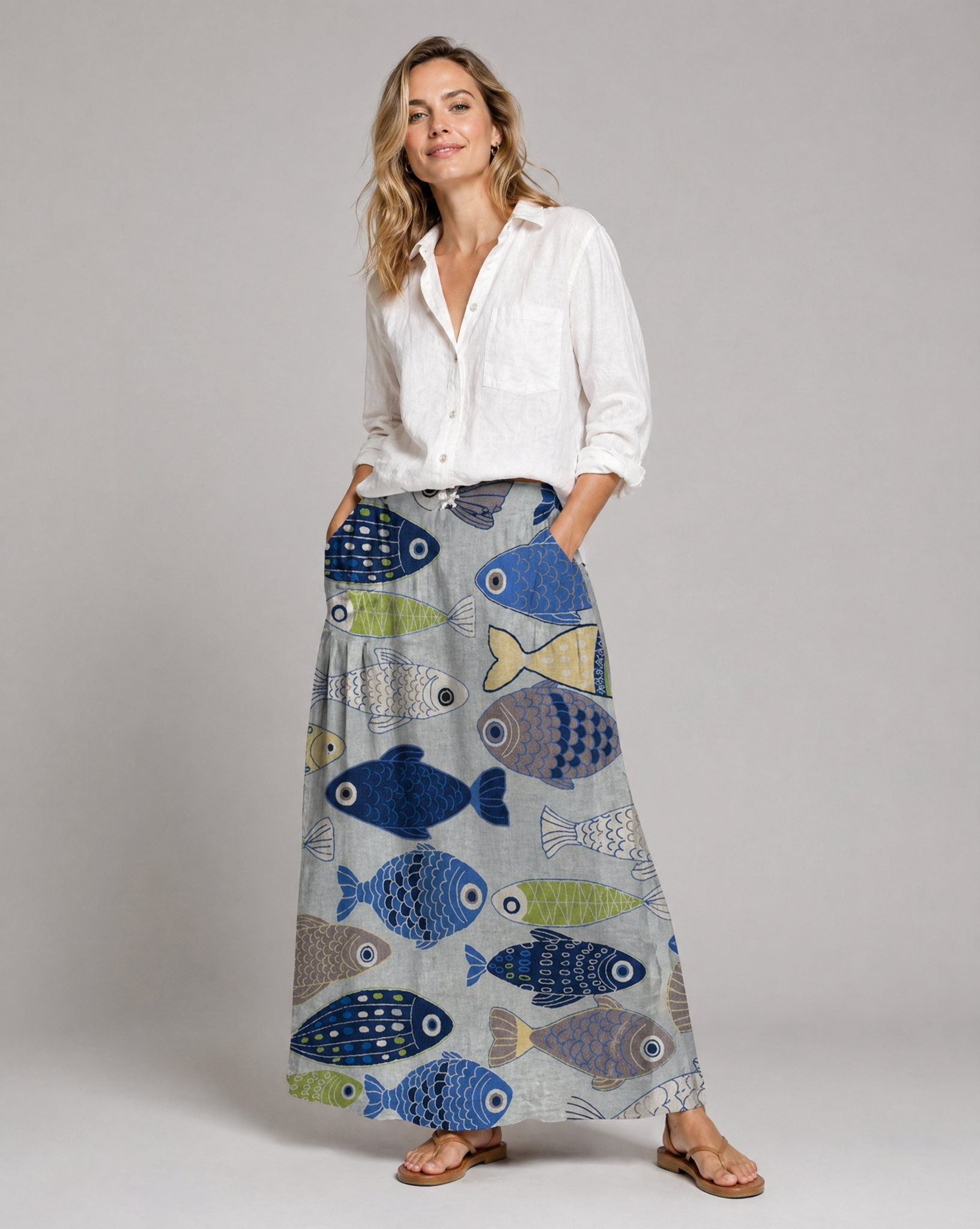 Cute Fish Pattern Pleated Pocket Skirt