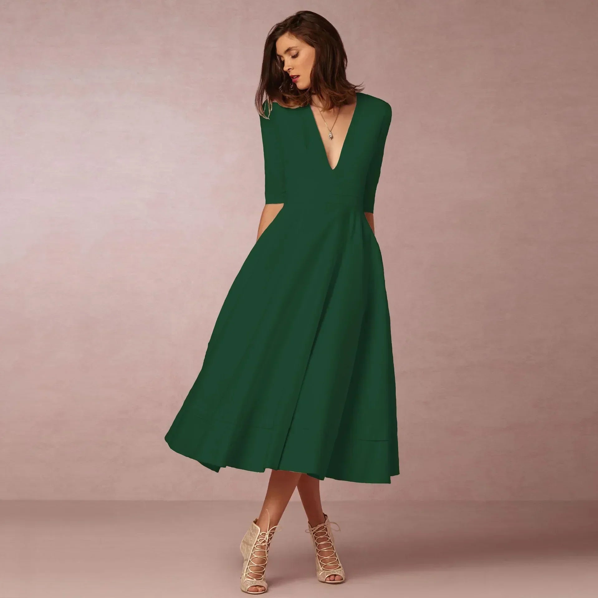 Deep V-Neck Fit-and-Flare Mid-Length Dress with Half Sleeves and Side Pockets — alternative angle