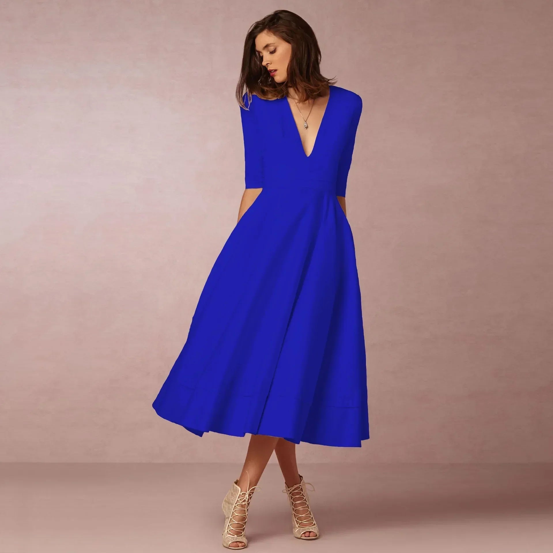 Deep V-Neck Fit-and-Flare Mid-Length Dress with Half Sleeves and Side Pockets — back close-up