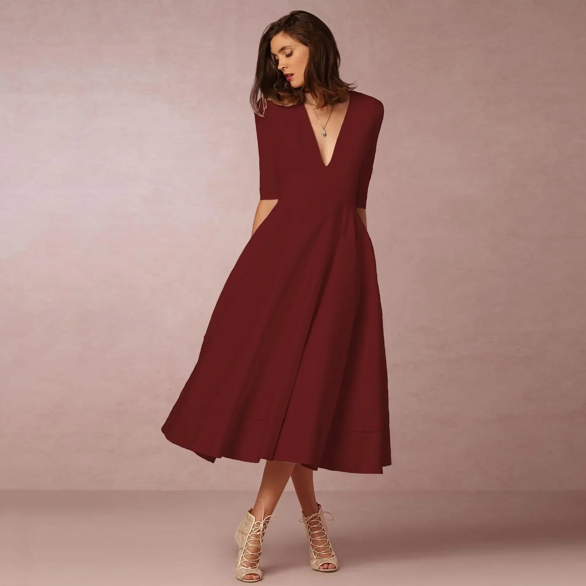 Deep V-Neck Fit-and-Flare Mid-Length Dress with Half Sleeves and Side Pockets — detail view