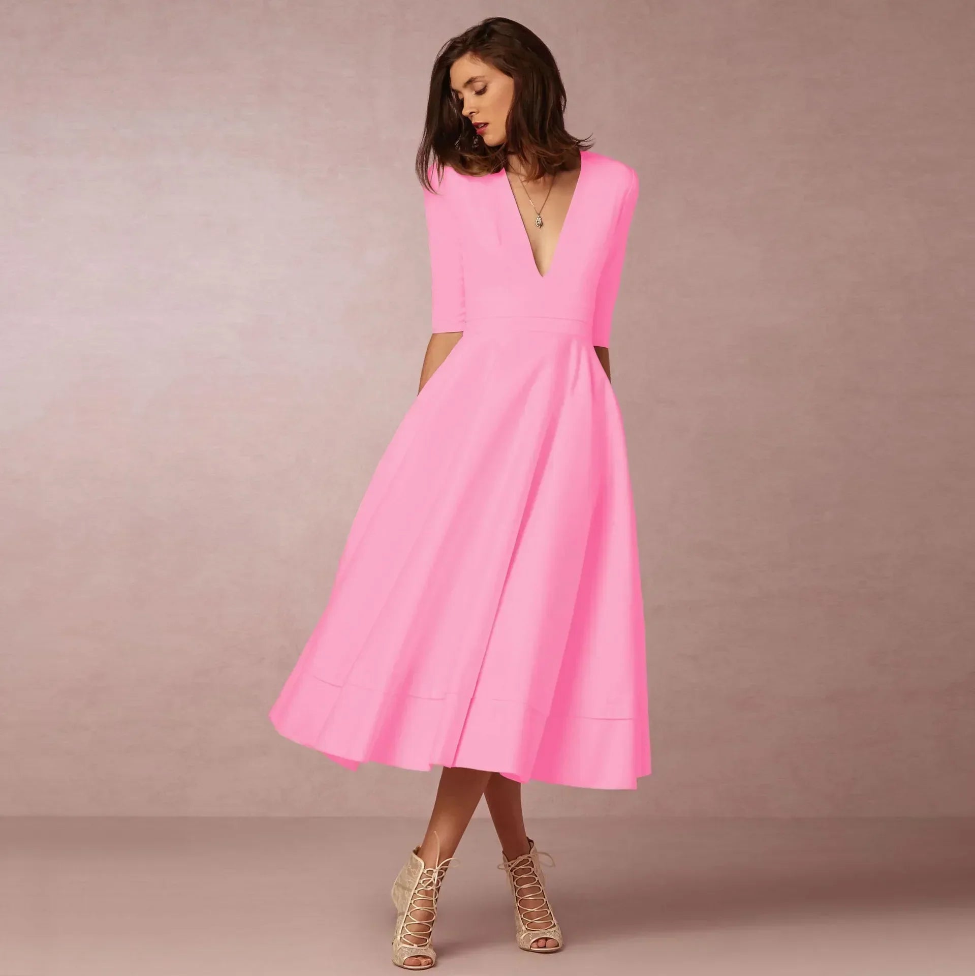Deep V-Neck Fit-and-Flare Mid-Length Dress with Half Sleeves and Side Pockets — front close-up