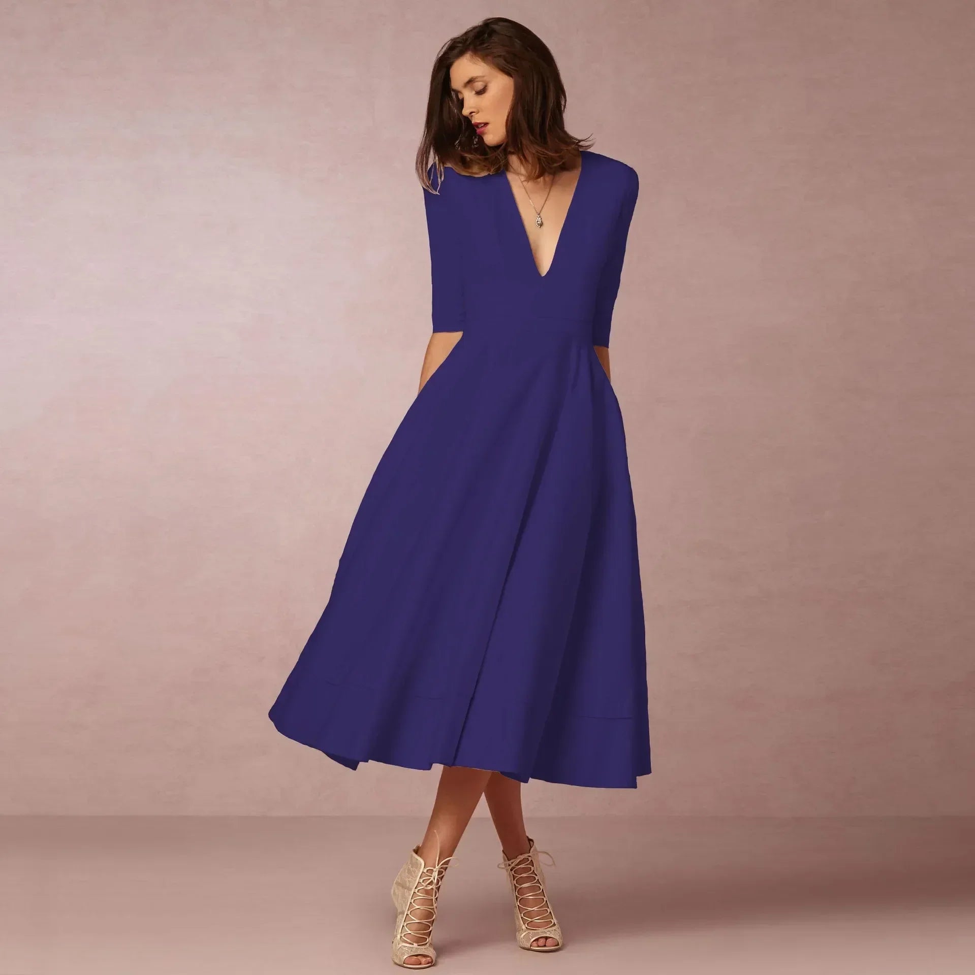 Deep V-Neck Fit-and-Flare Mid-Length Dress with Half Sleeves and Side Pockets
