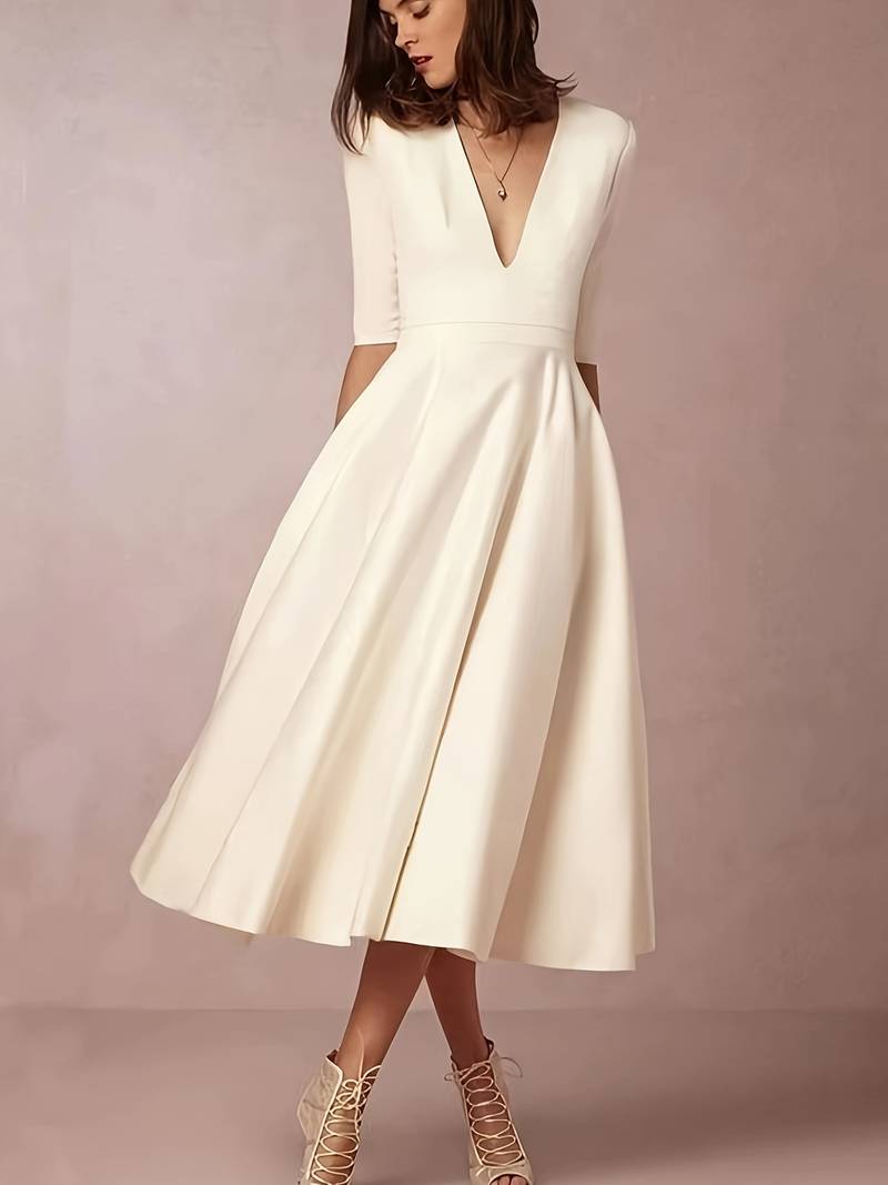 Deep V-Neck Fit-and-Flare Wedding Guest Mid-Length Dress with Half Sleeves — back view