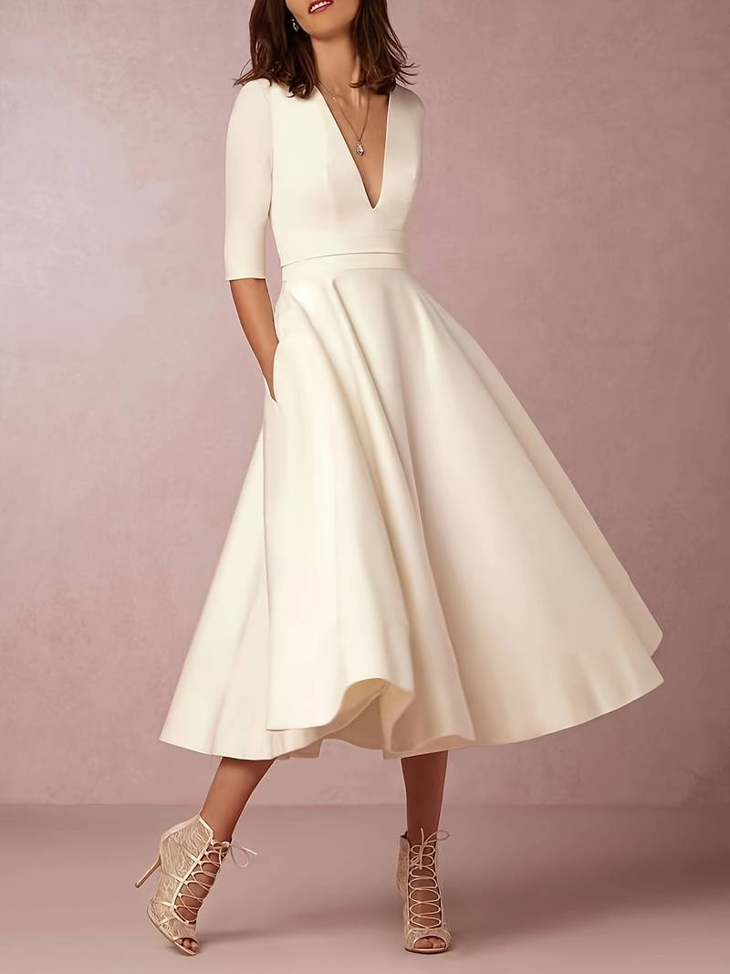 Deep V-Neck Fit-and-Flare Wedding Guest Mid-Length Dress with Half Sleeves — detail view