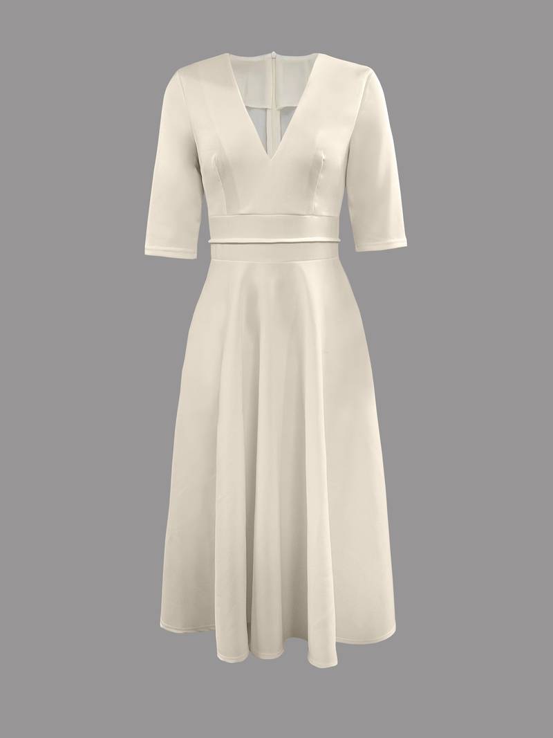 Deep V-Neck Fit-and-Flare Wedding Guest Mid-Length Dress with Half Sleeves — model wearing