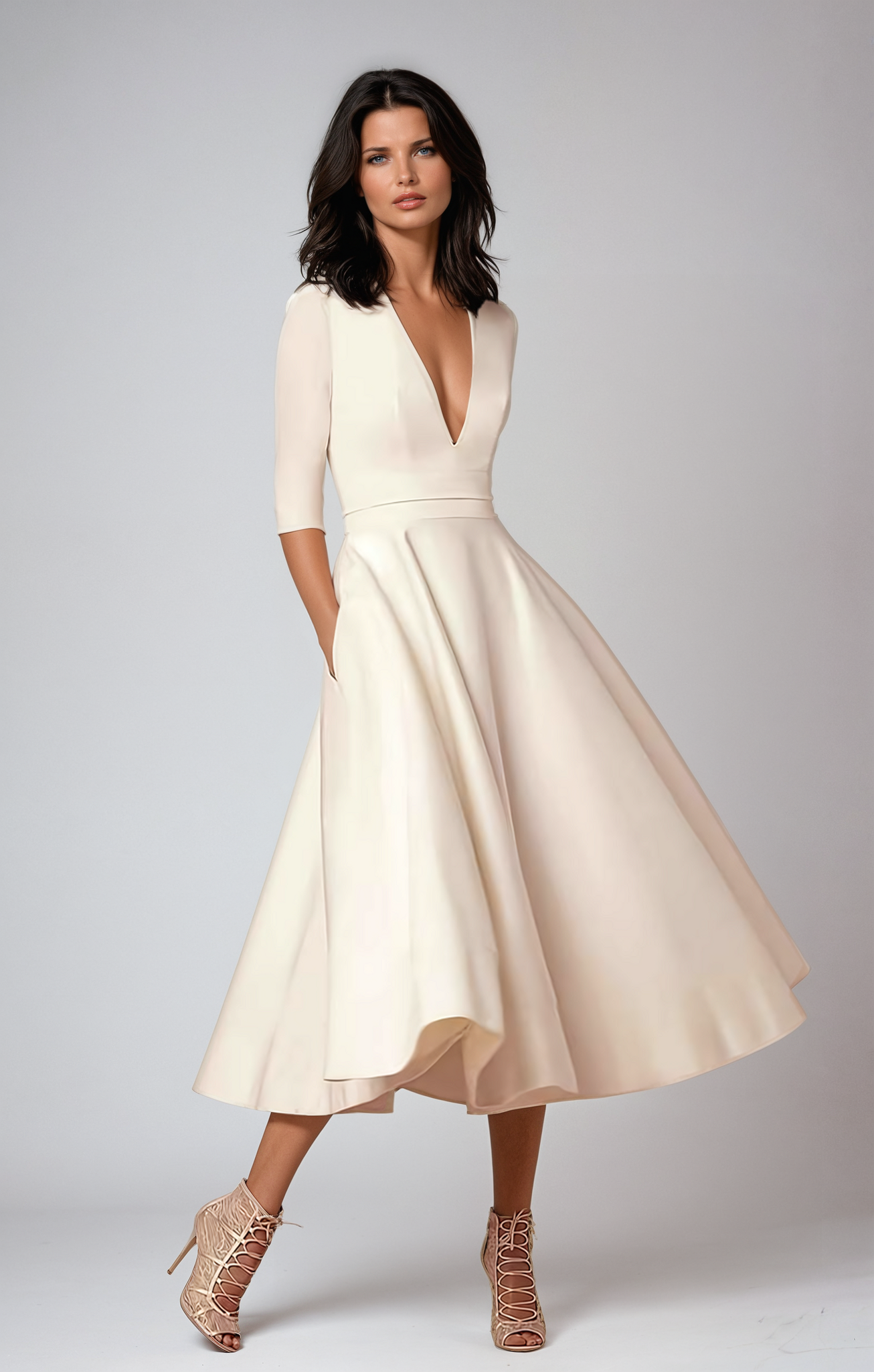 Deep V-Neck Fit-and-Flare Wedding Guest Mid-Length Dress with Half Sleeves