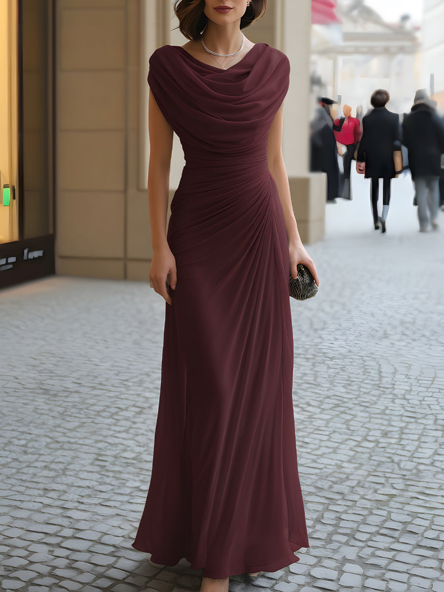 Draped Cowl Neck Ruched Maxi Dress - Elegant Evening Wedding Guest Dress — detail view
