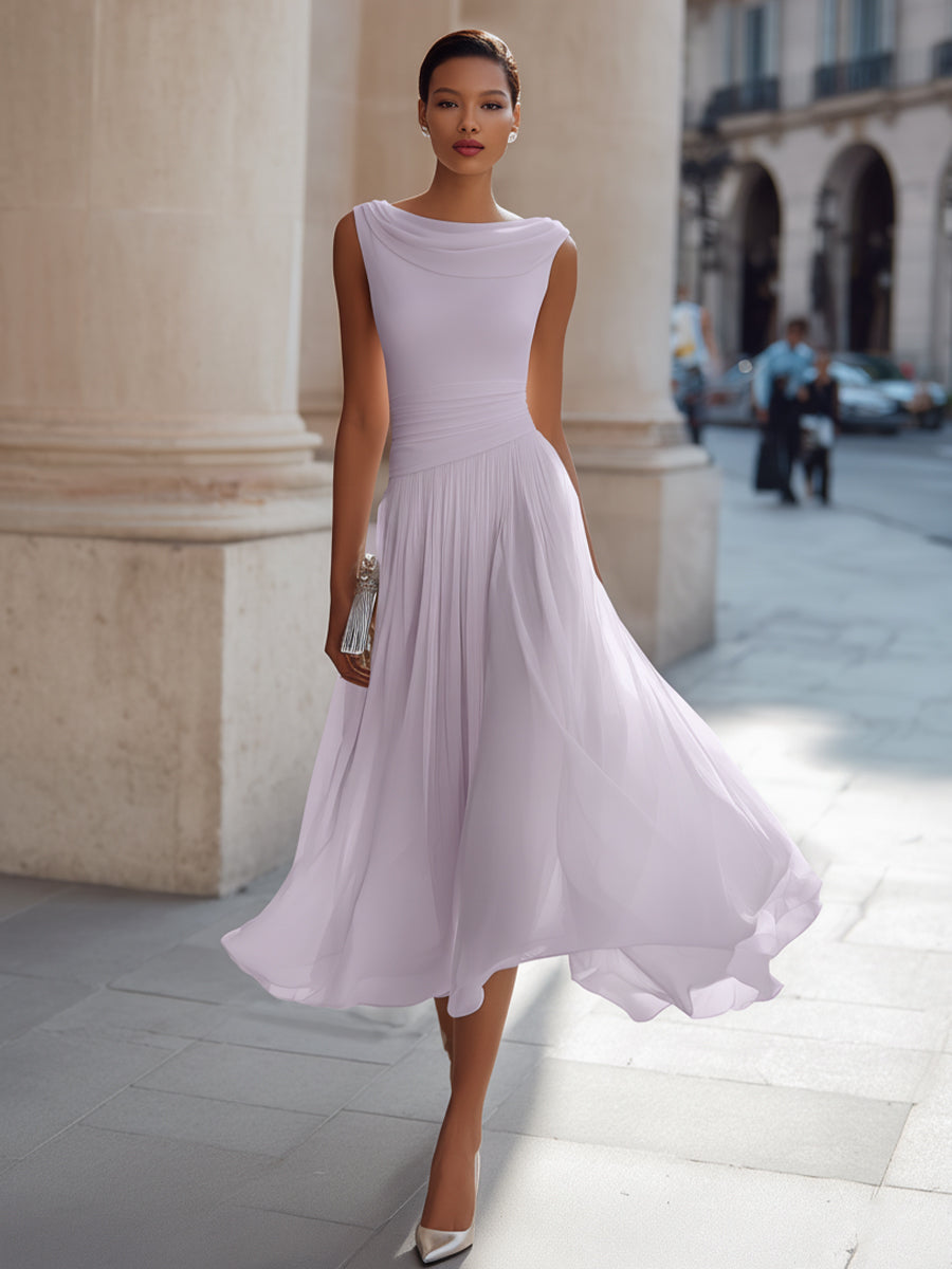 Draped Cowl Neck Sleeveless Pleated Midi Dress - Elegant Formal Wedding Guest Dress — alternative angle