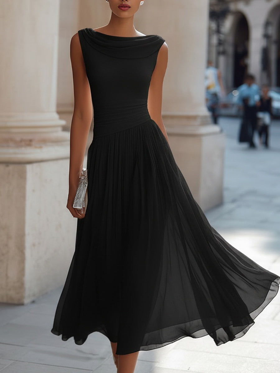 Draped Cowl Neck Sleeveless Pleated Midi Dress - Elegant Formal Wedding Guest Dress — back view
