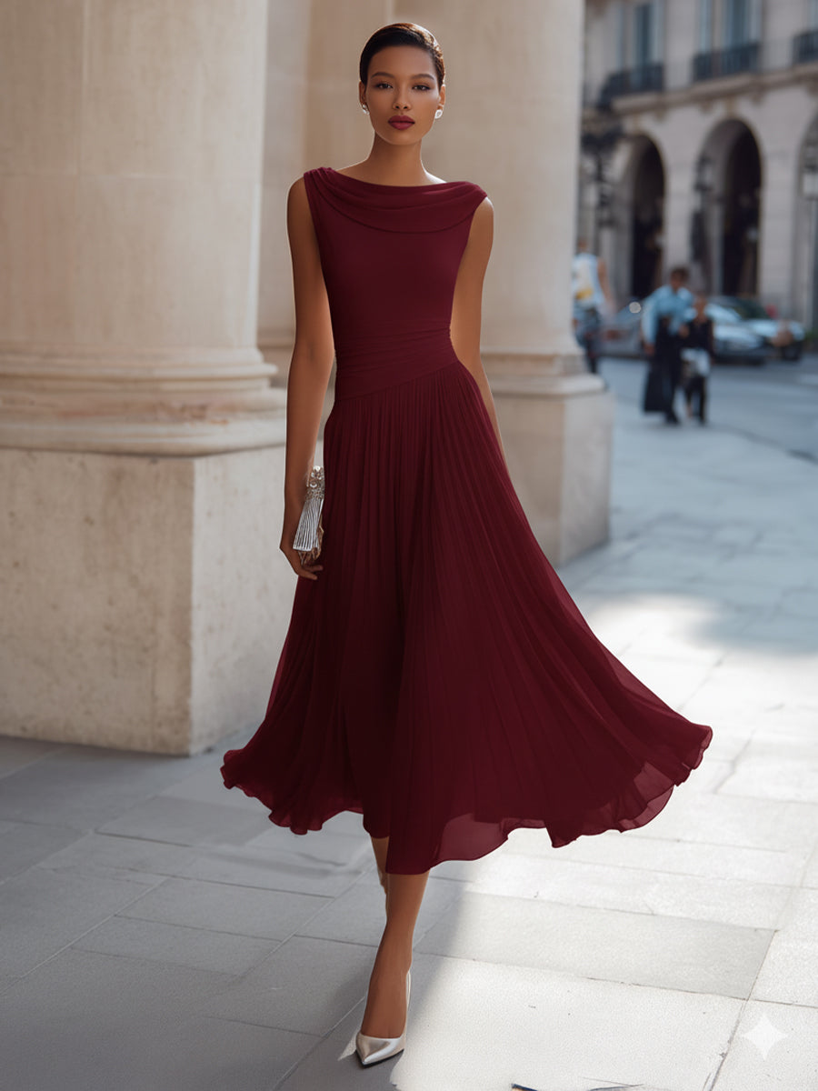 Draped Cowl Neck Sleeveless Pleated Midi Dress - Elegant Formal Wedding Guest Dress — close-up