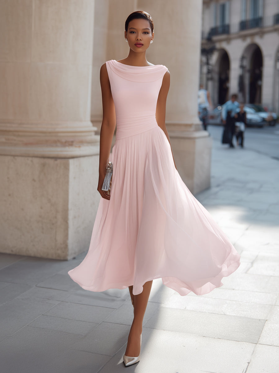 Draped Cowl Neck Sleeveless Pleated Midi Dress - Elegant Formal Wedding Guest Dress — detail view