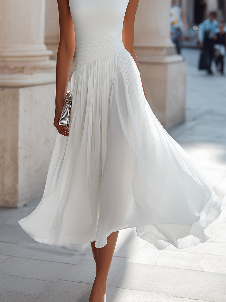 Draped Cowl Neck Sleeveless Pleated Midi Dress - Elegant Formal Wedding Guest Dress — fabric detail