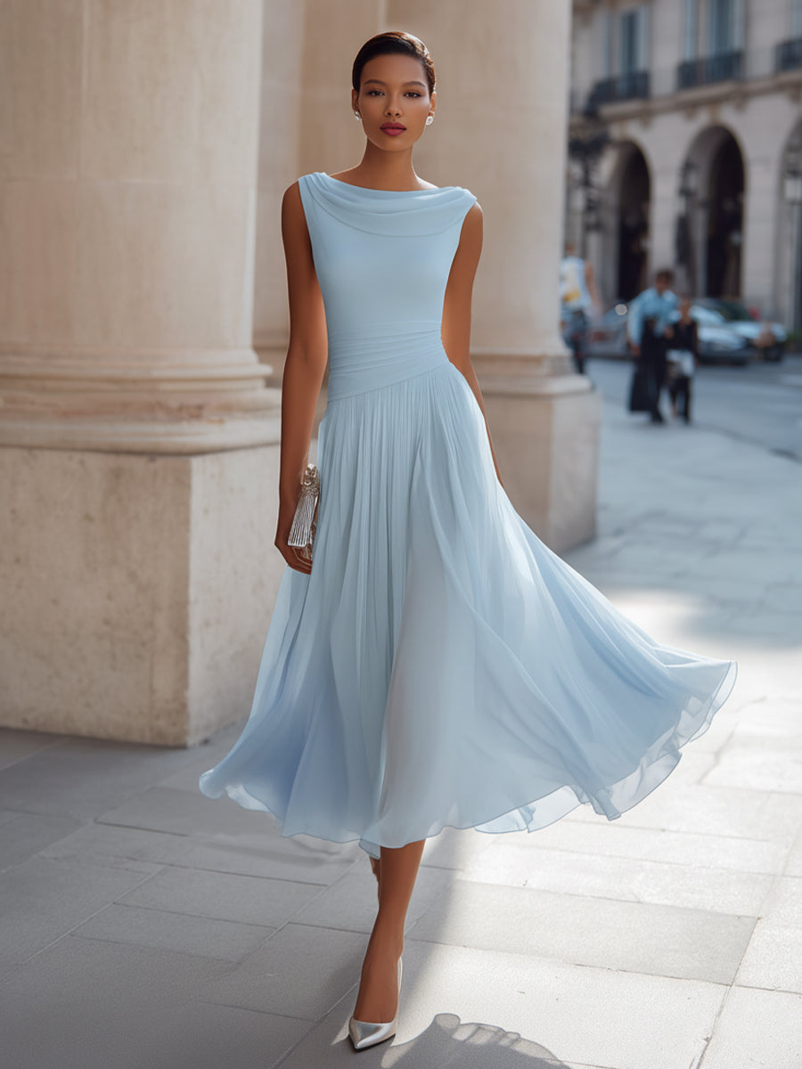 Draped Cowl Neck Sleeveless Pleated Midi Dress - Elegant Formal Wedding Guest Dress — model wearing