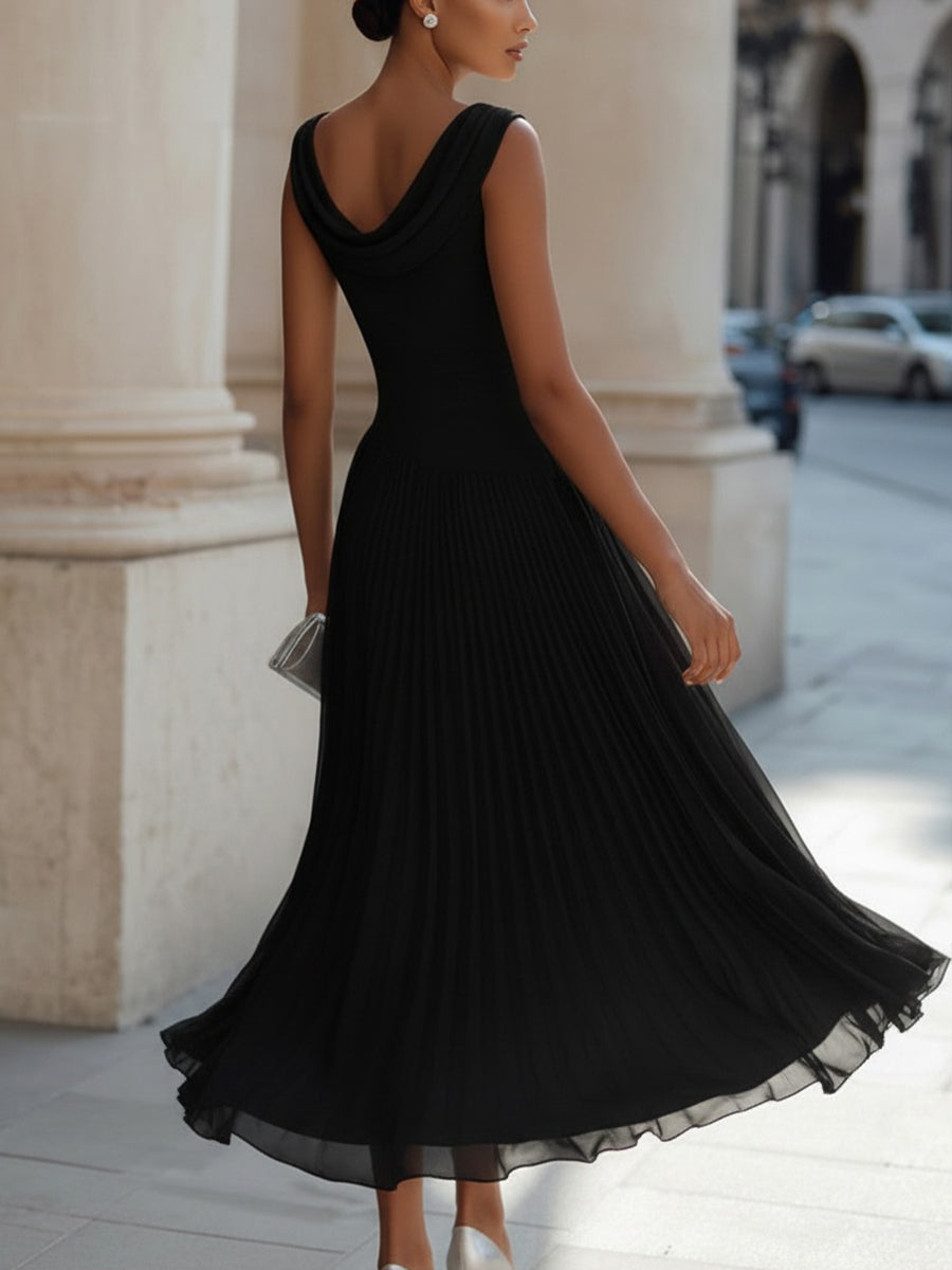 Draped Cowl Neck Sleeveless Pleated Midi Dress - Elegant Formal Wedding Guest Dress — side view