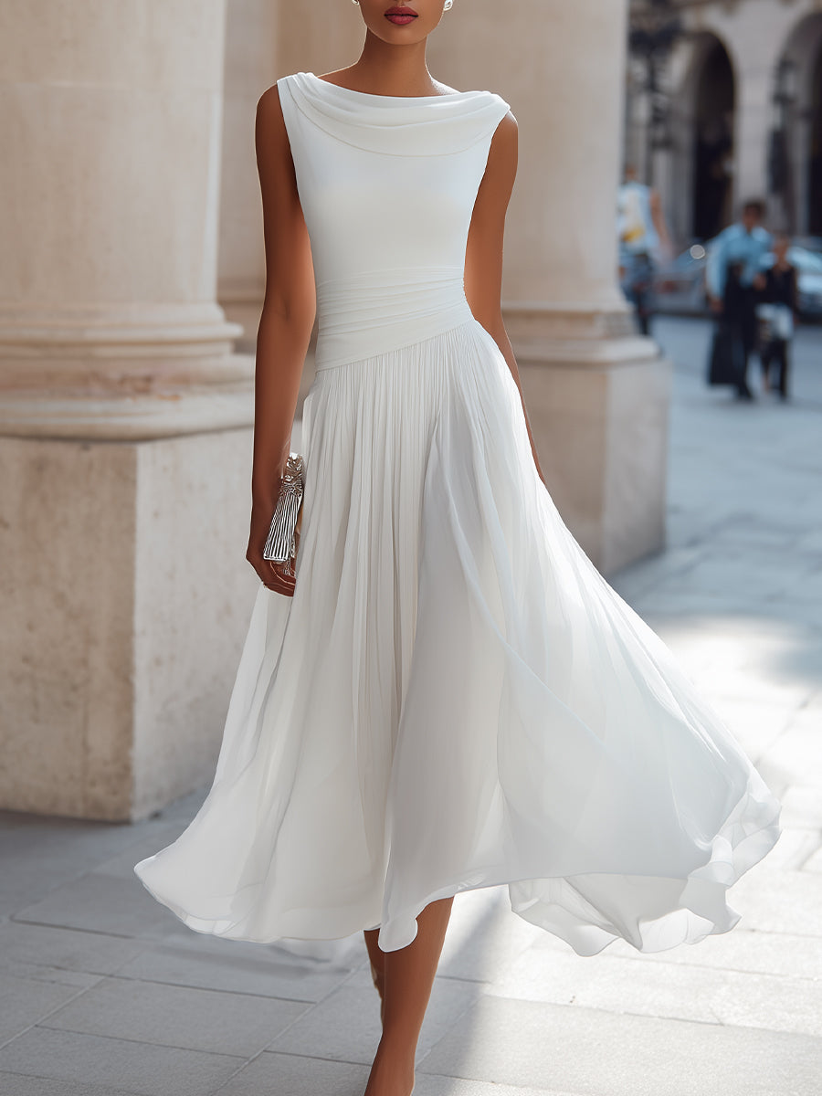 Draped Cowl Neck Sleeveless Pleated Midi Dress - Elegant Formal Wedding Guest Dress