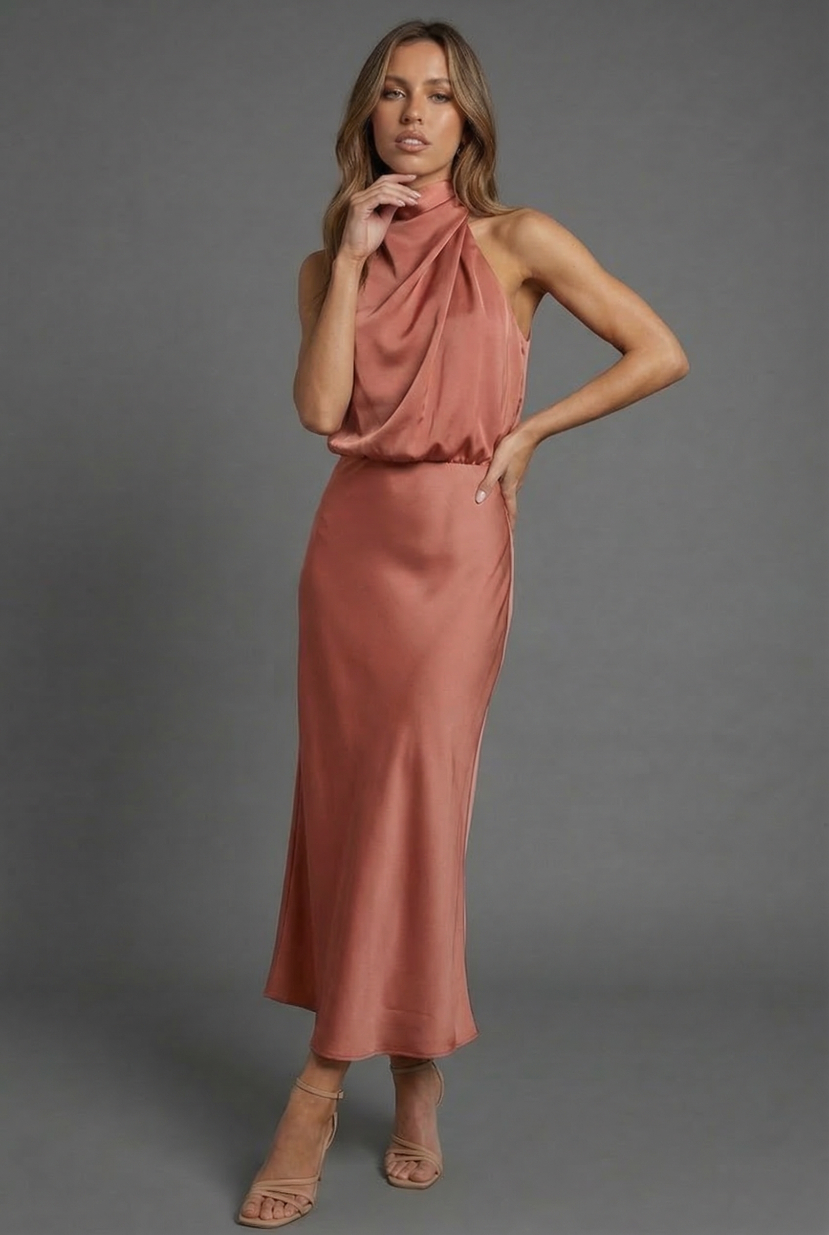Draped Halter Neck Satin Midi Dress for Women — alternative angle