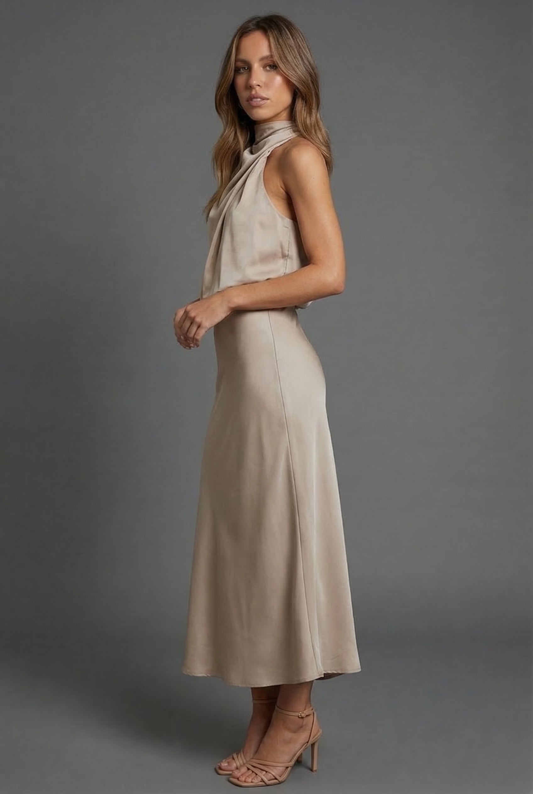 Draped Halter Neck Satin Midi Dress for Women — back view