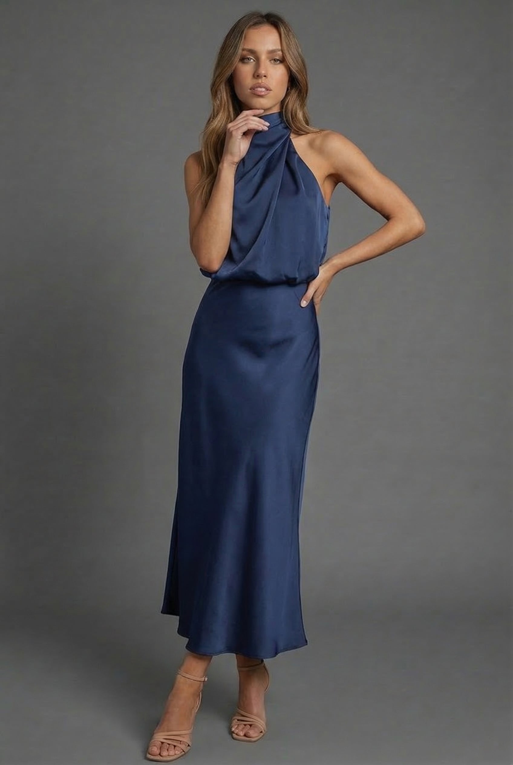 Draped Halter Neck Satin Midi Dress for Women — close-up