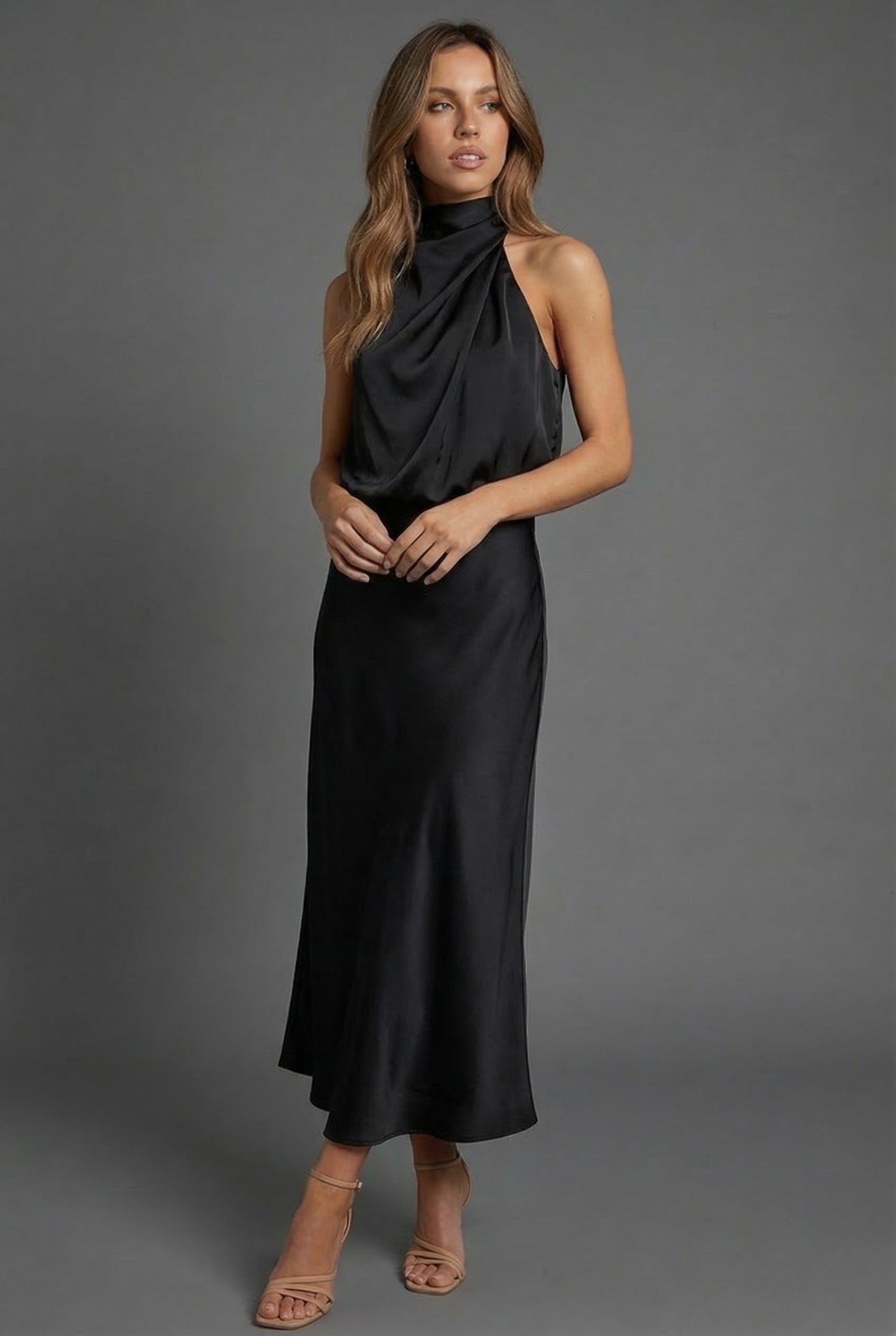 Draped Halter Neck Satin Midi Dress for Women — detail view