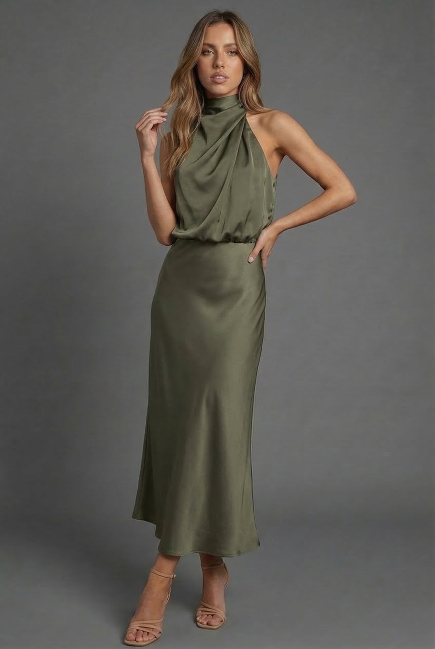 Draped Halter Neck Satin Midi Dress for Women — fabric detail
