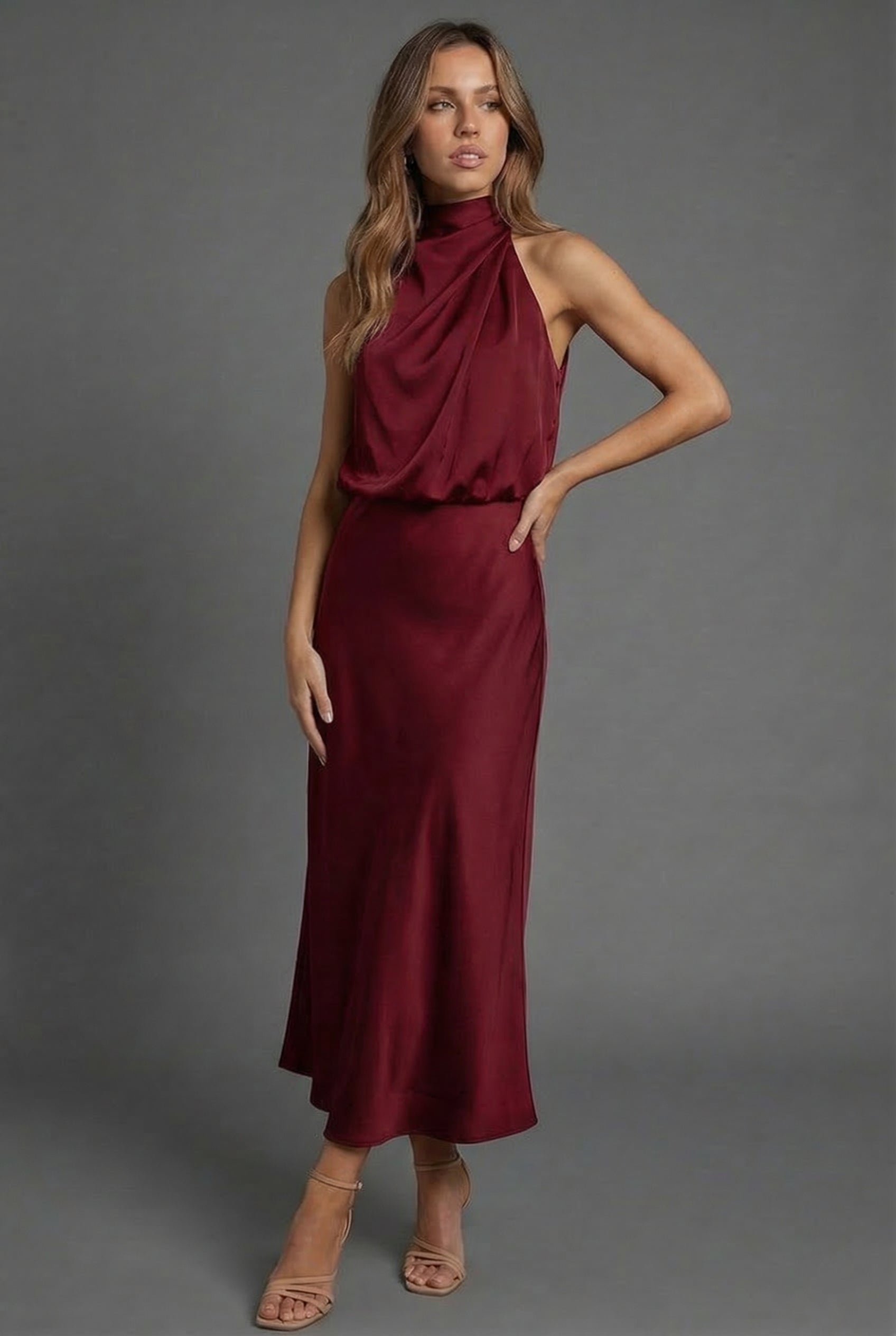 Draped Halter Neck Satin Midi Dress for Women — fit overview